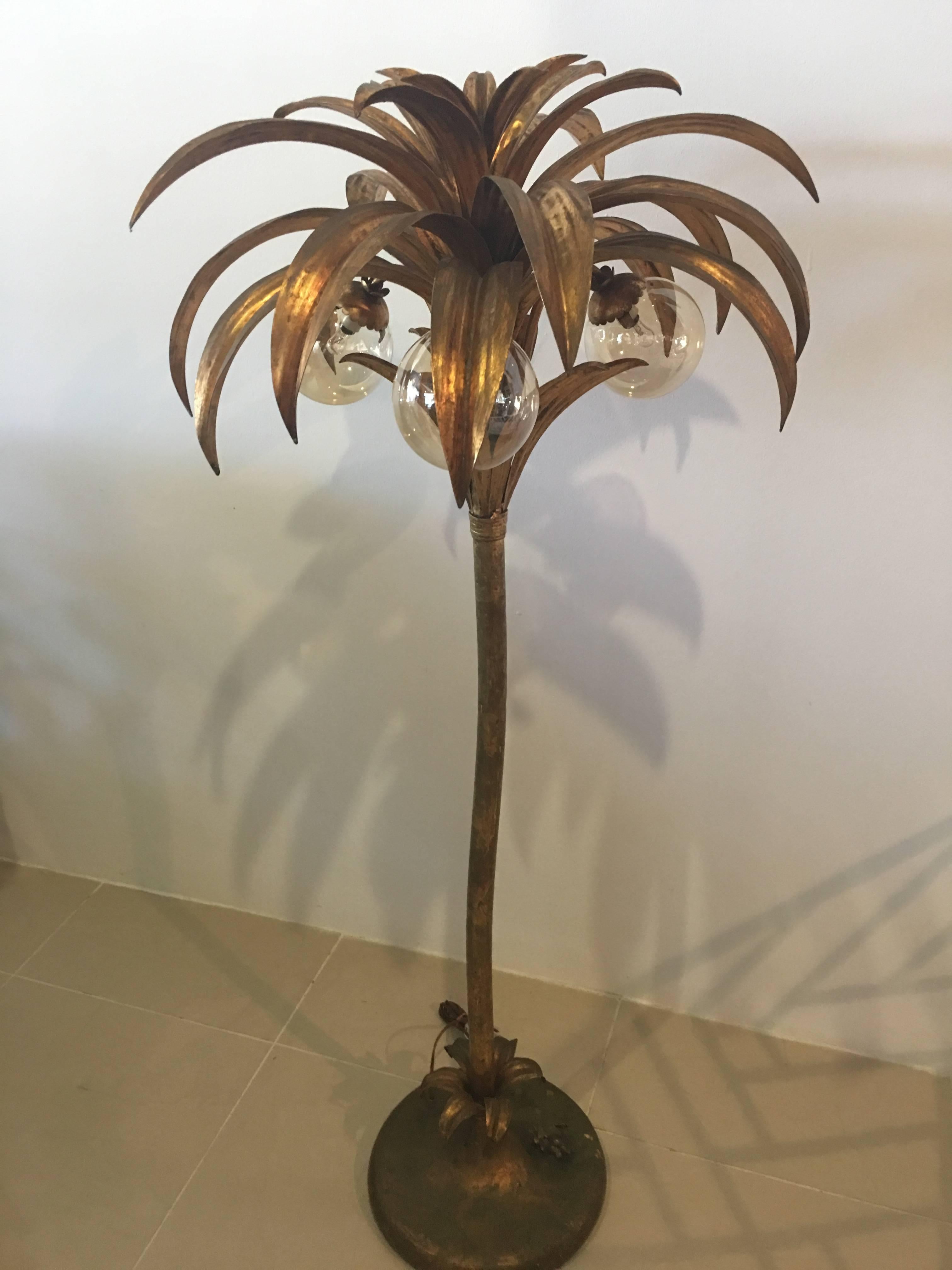 Metal Palm Tree Floor Lamp Light Brass Gold Tropical Palm Beach Vintage