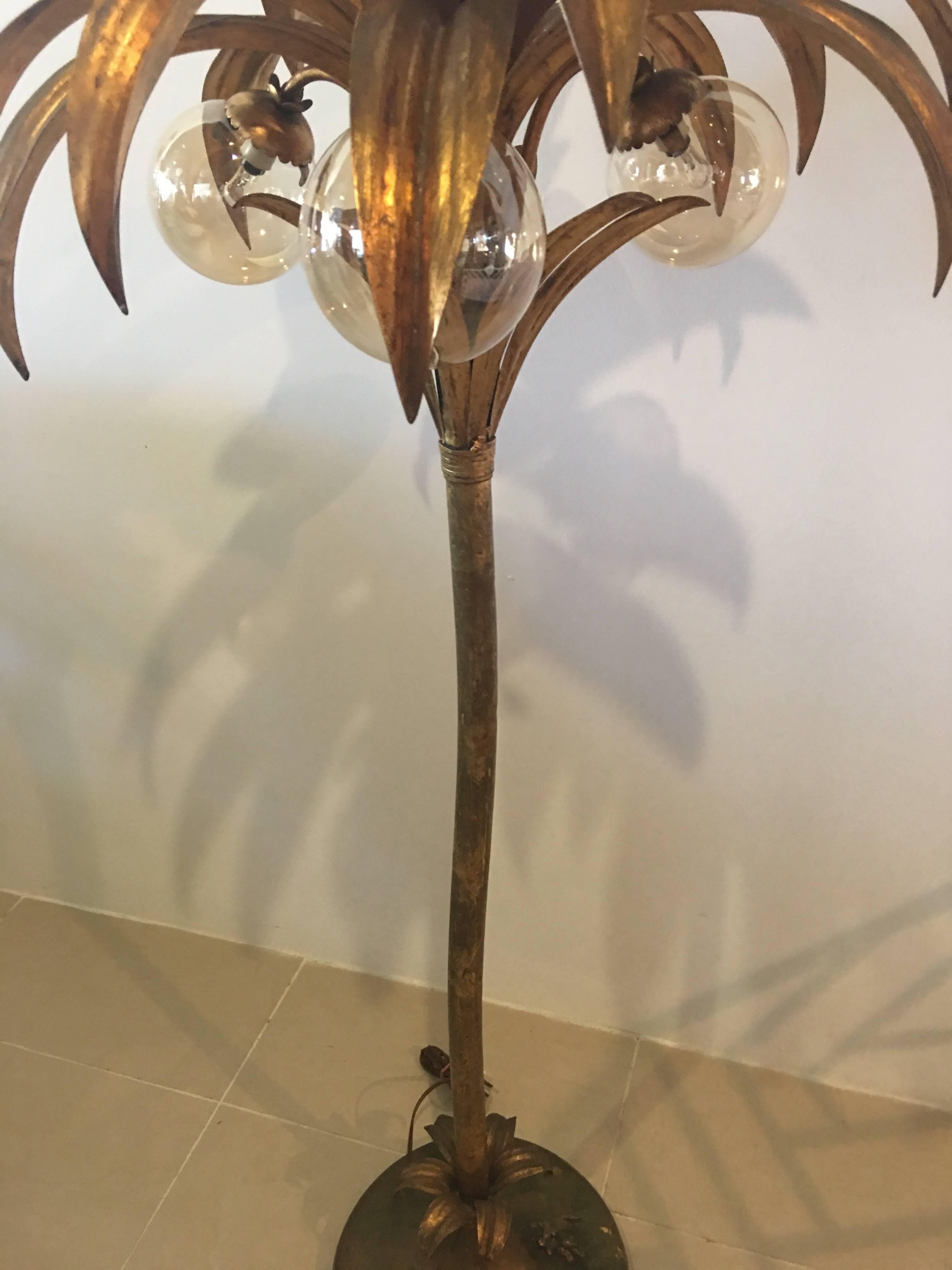 Palm Tree Floor Lamp Light Brass Gold Tropical Palm Beach Vintage In Good Condition In West Palm Beach, FL