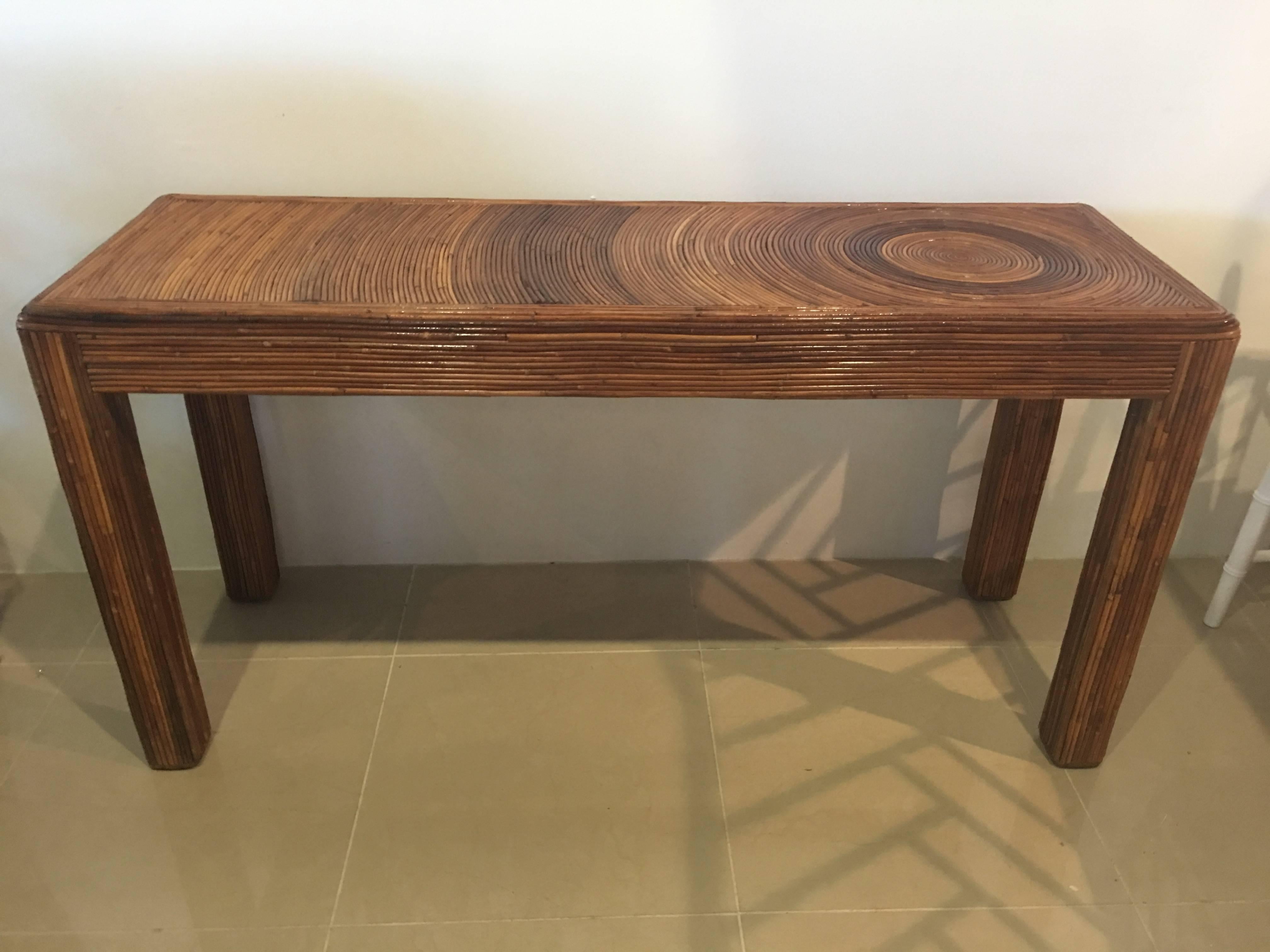Vintage pencil reed bamboo console table. Great tropical Palm beach piece. Original vintage finish.