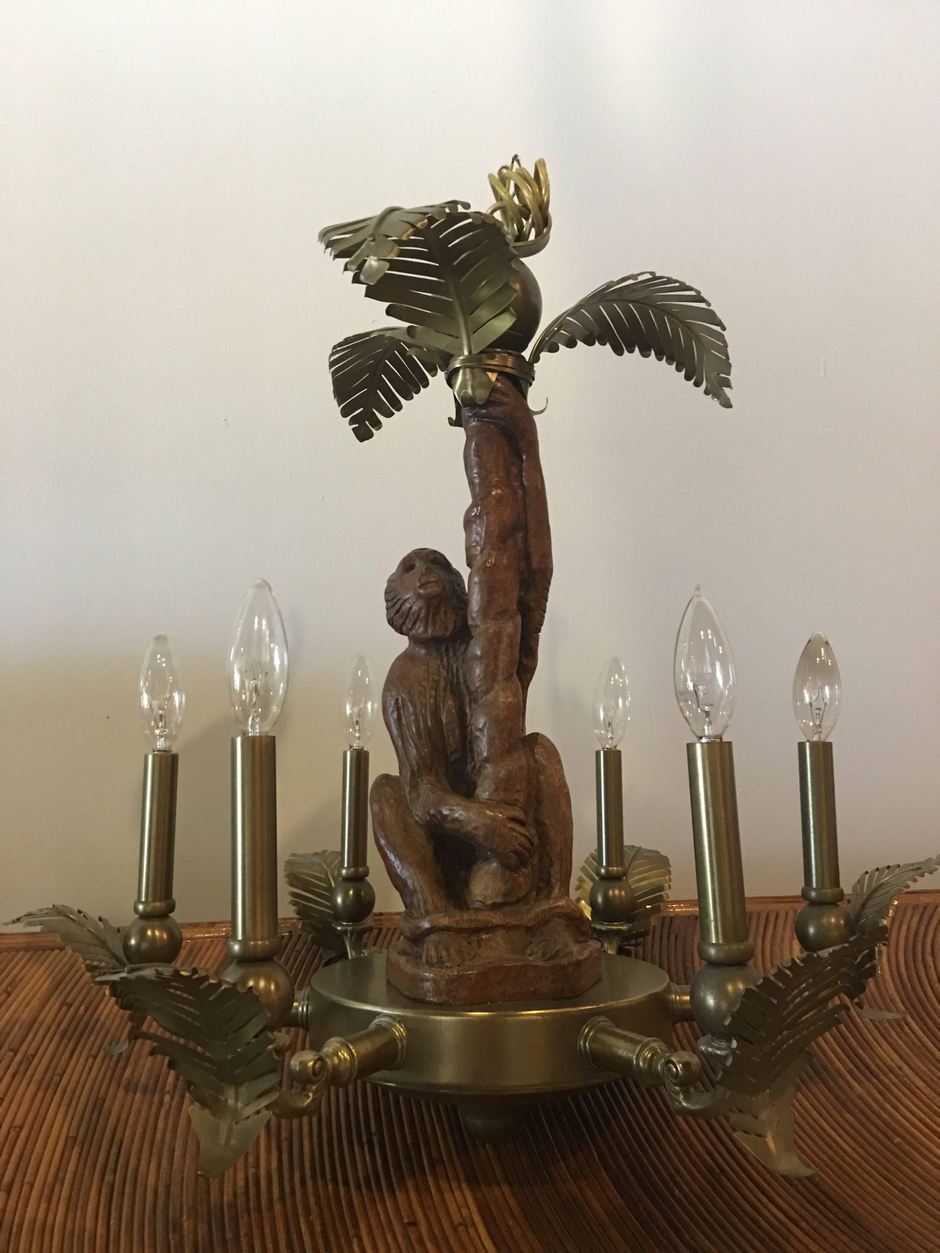 Late 20th Century Monkey and Brass Palm Frond Leaf Tree Six-Light Chandelier Tropical Palm Beach For Sale