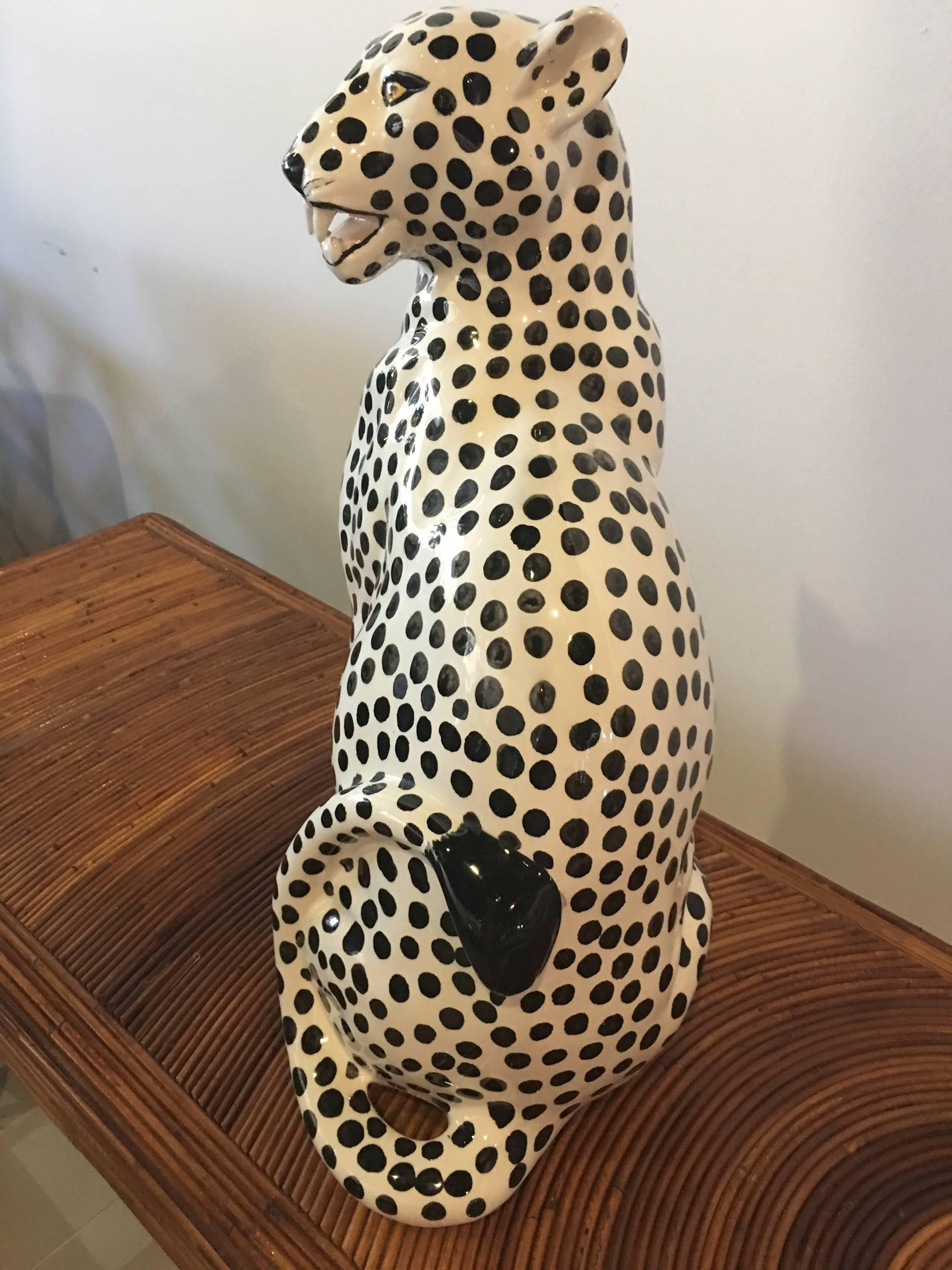 Vintage Cheetah Jaguar Large Ceramic Statue Hollywood Regency at