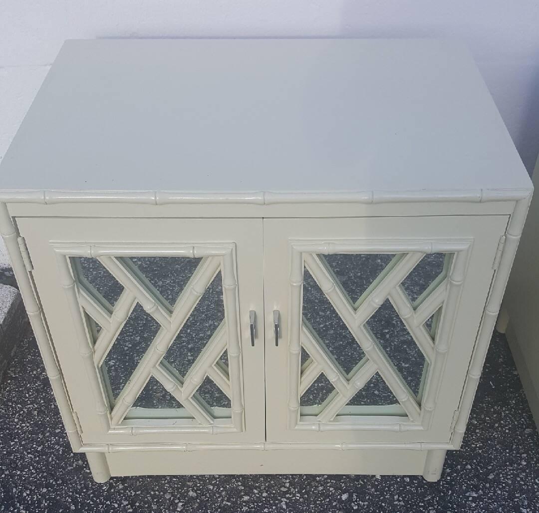 Vintage pair of Chinese Chippendale faux bamboo mirrored nightstands. The price includes your choice of color for newly professionally lacquered finish. The finish your viewing is the original however you can choose the color and they will be newly
