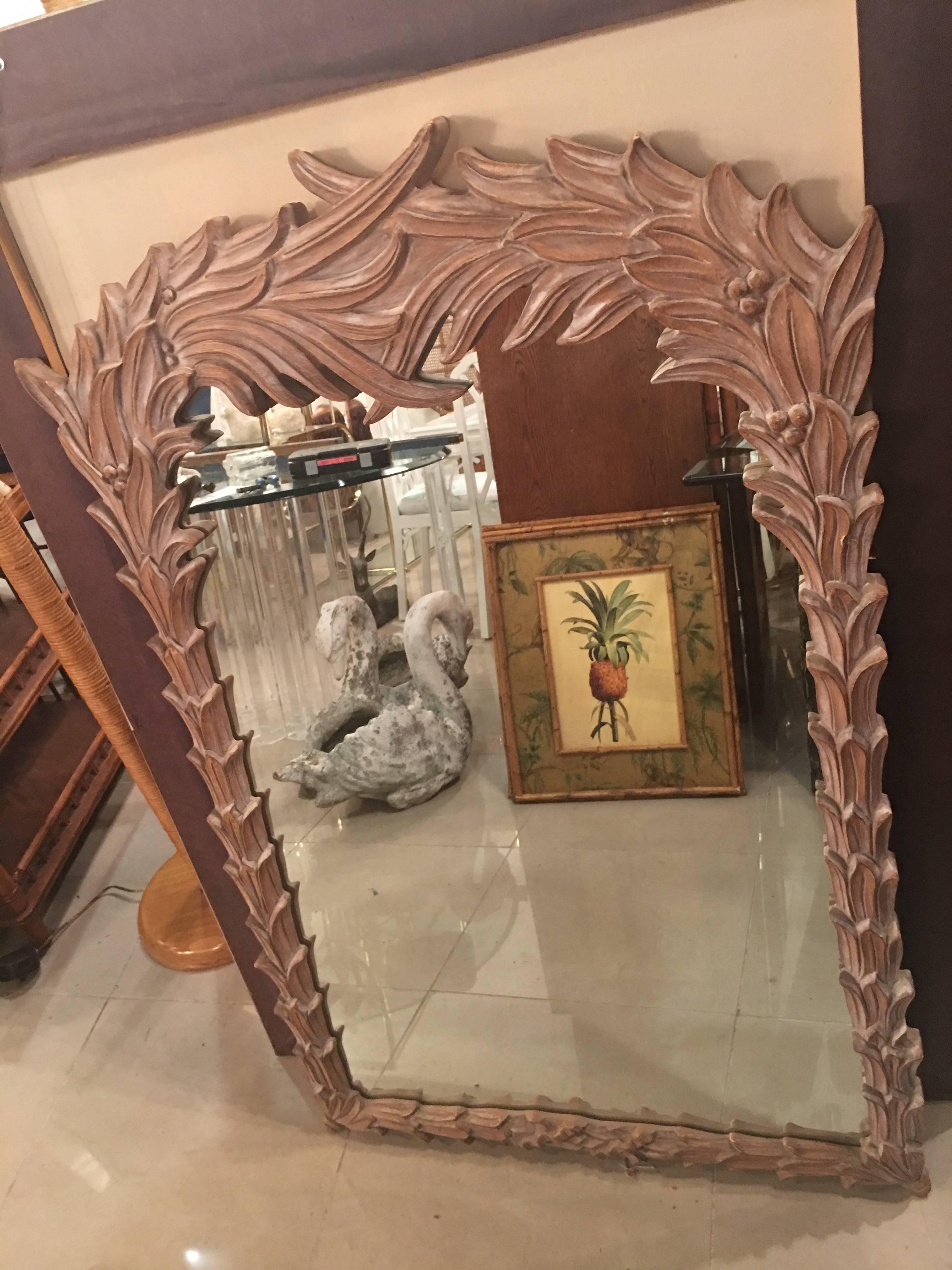 Vintage Palm Frond Wall Mirror Leaf Serge Roche Style Tropical Palm Beach In Good Condition In West Palm Beach, FL
