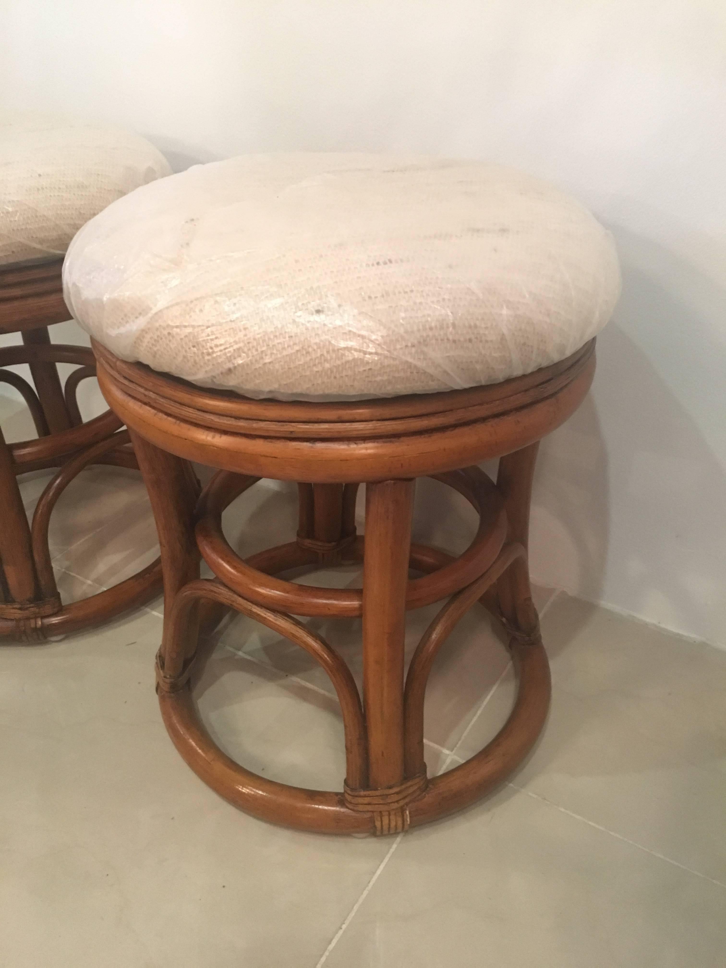 Indonesian Pair of Vintage Rattan Stools Benches Tropical Palm Beach