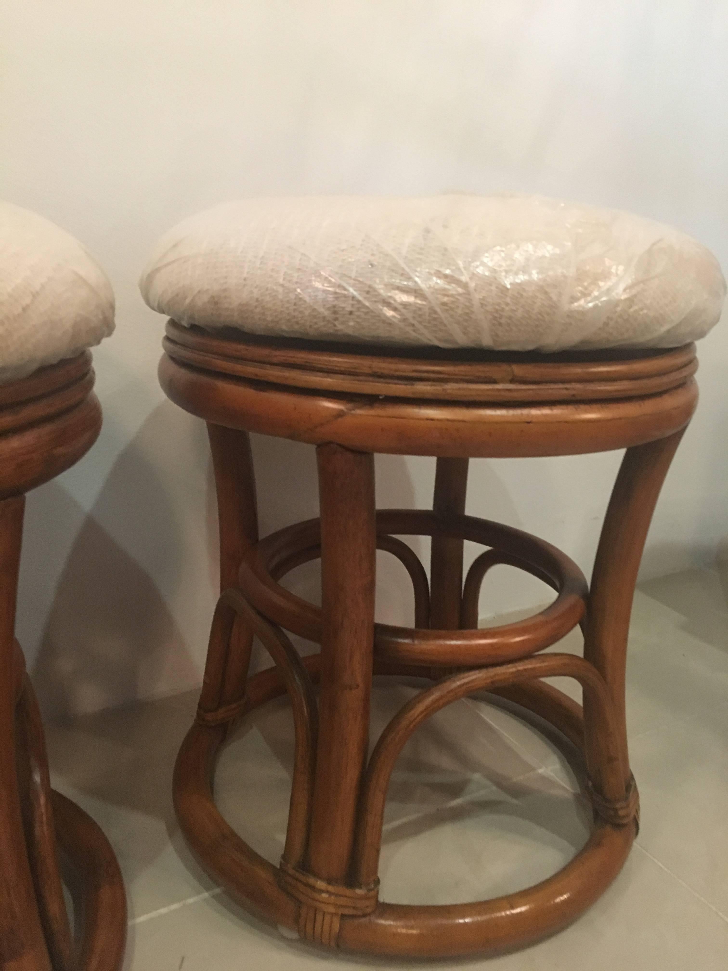 Pair of Vintage Rattan Stools Benches Tropical Palm Beach 1