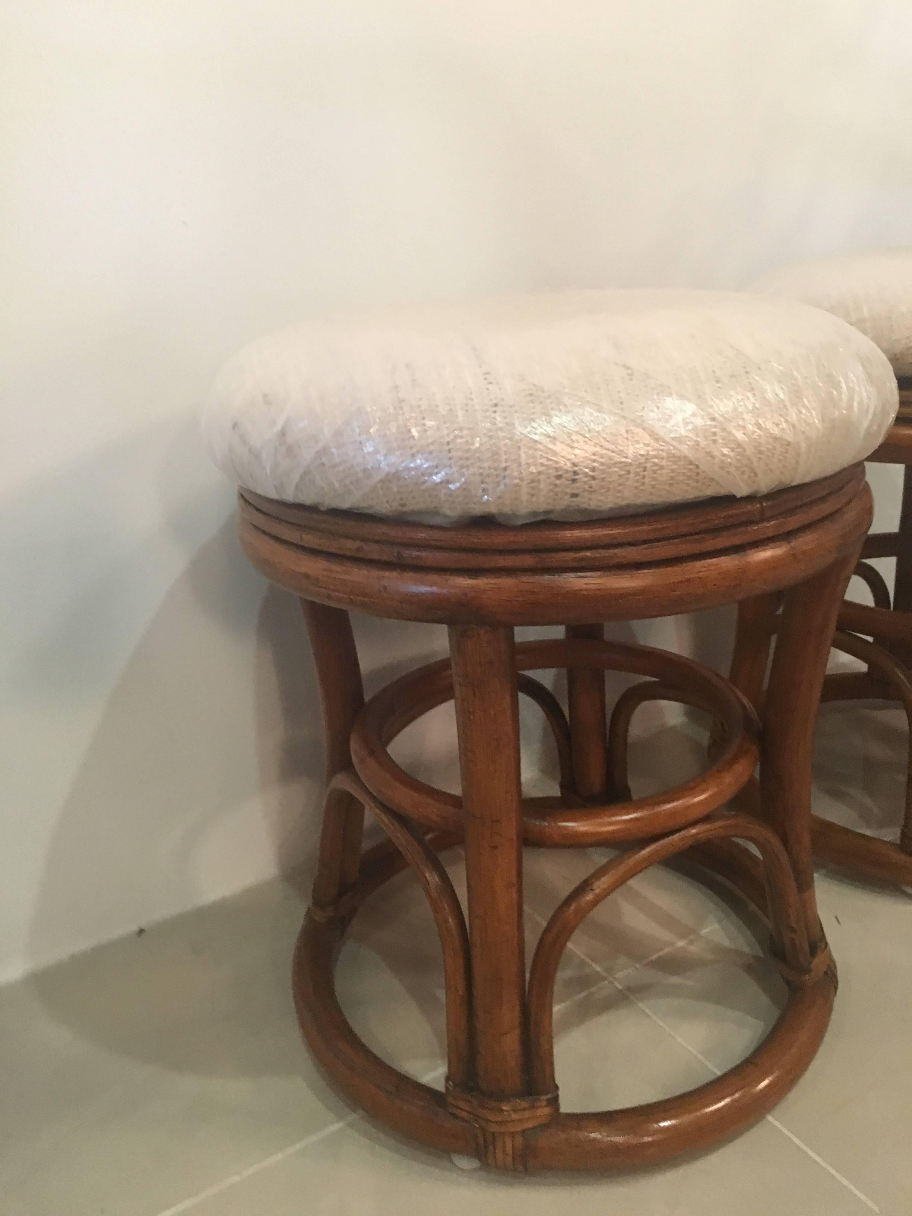 Pair of Vintage Rattan Stools Benches Tropical Palm Beach 2