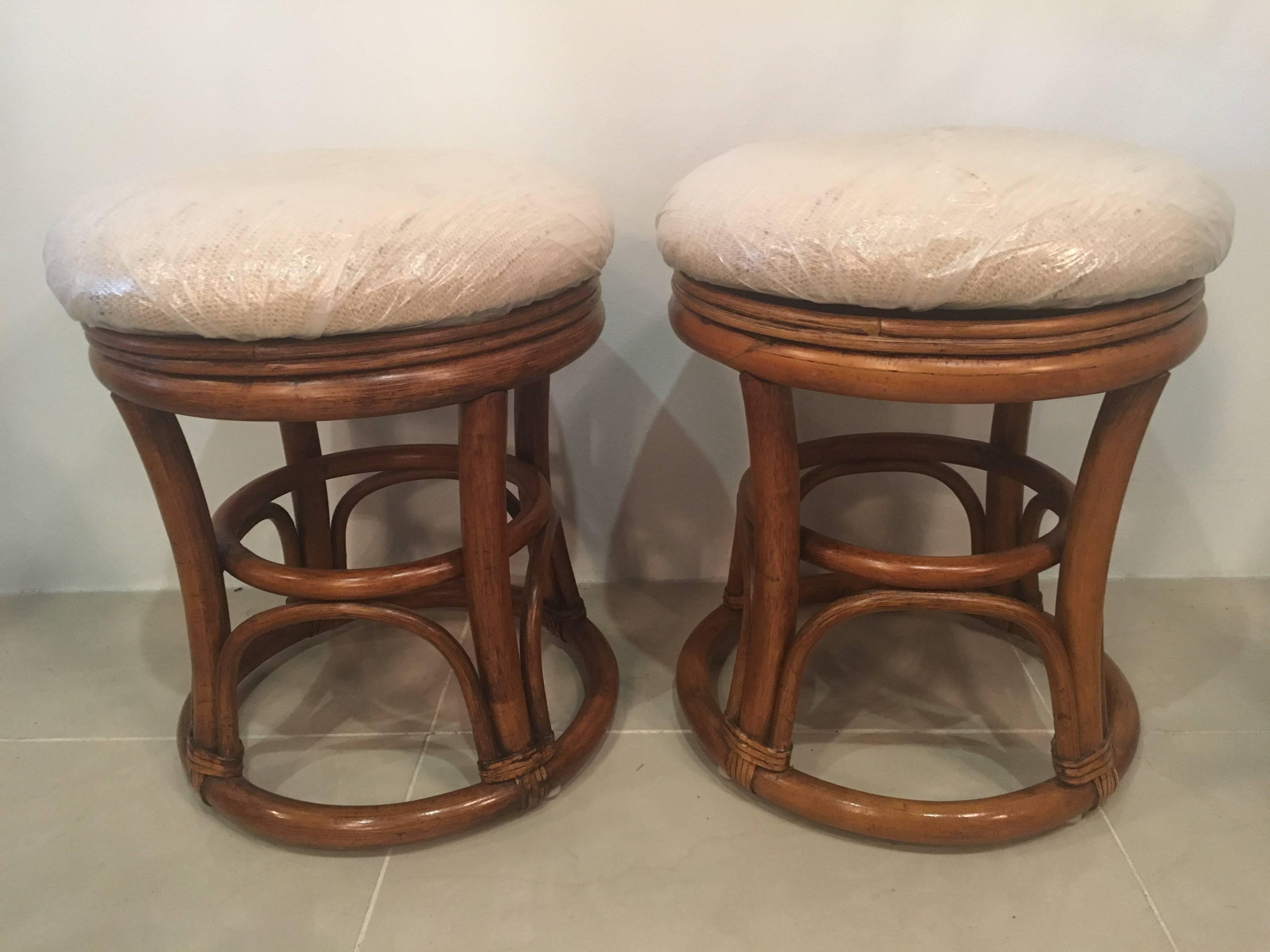 Late 20th Century Pair of Vintage Rattan Stools Benches Tropical Palm Beach