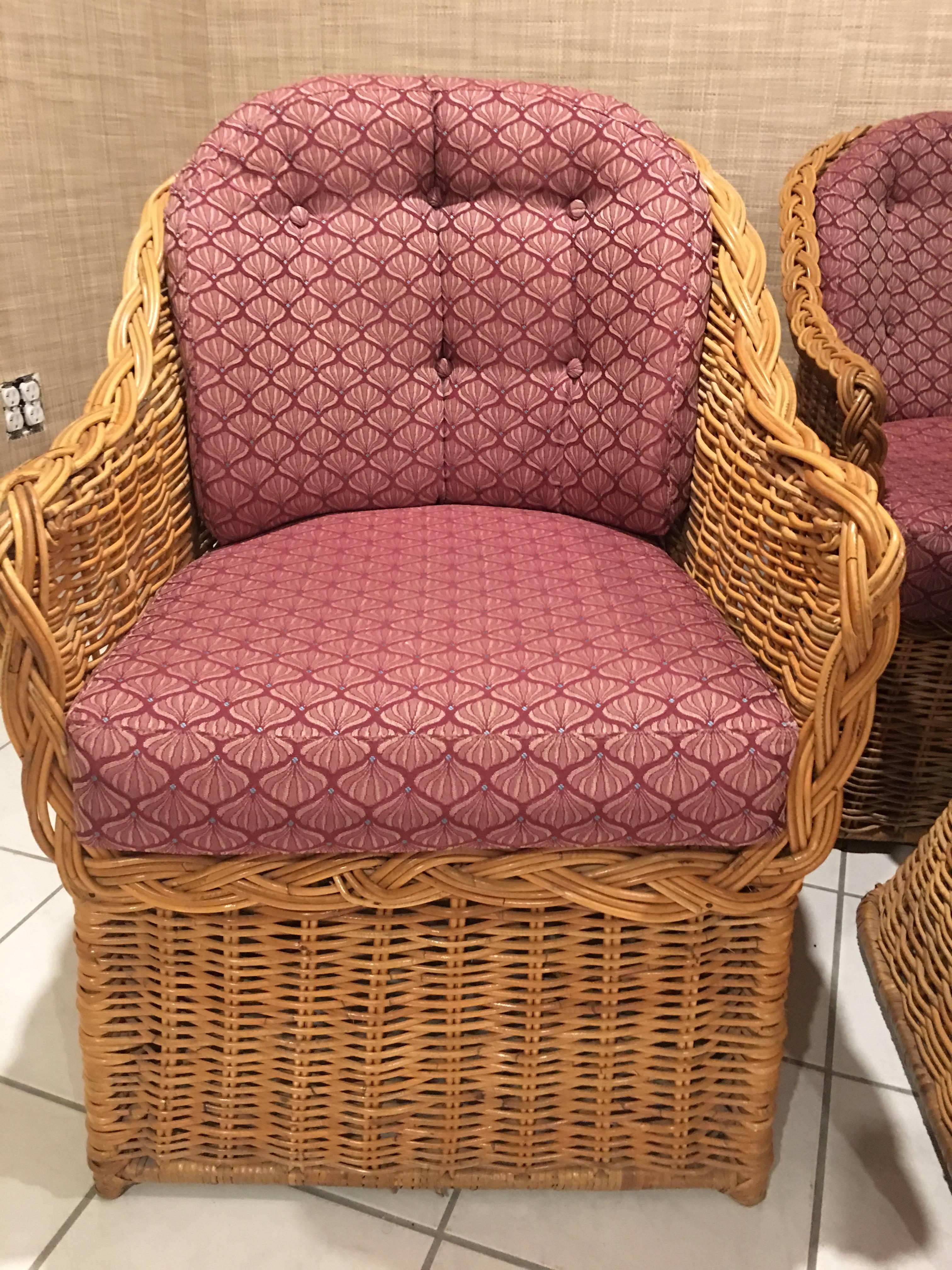 Set of Four Rattan Wicker Armchairs Dining Tub Barrel Vintage Removable Cushion In Good Condition In West Palm Beach, FL