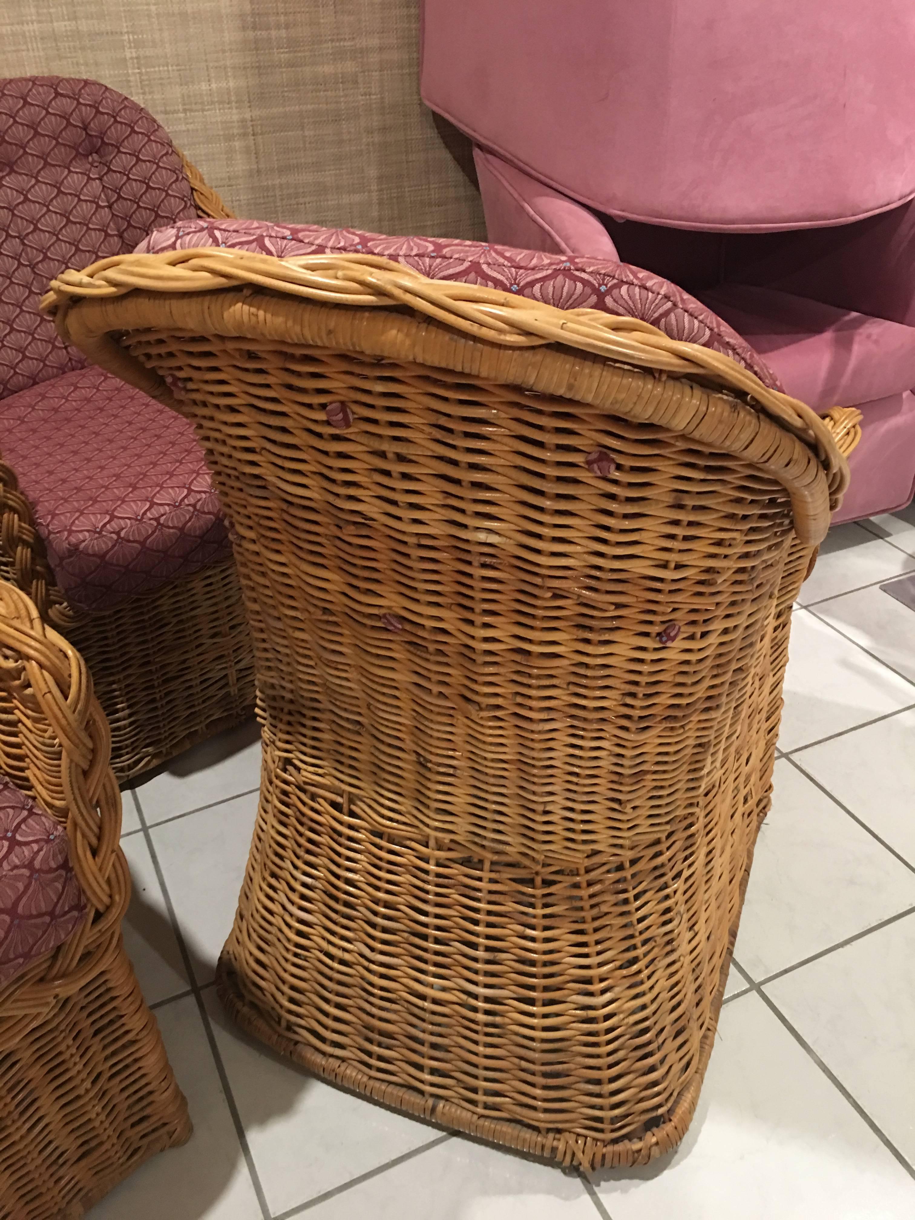 American Set of Four Rattan Wicker Armchairs Dining Tub Barrel Vintage Removable Cushion