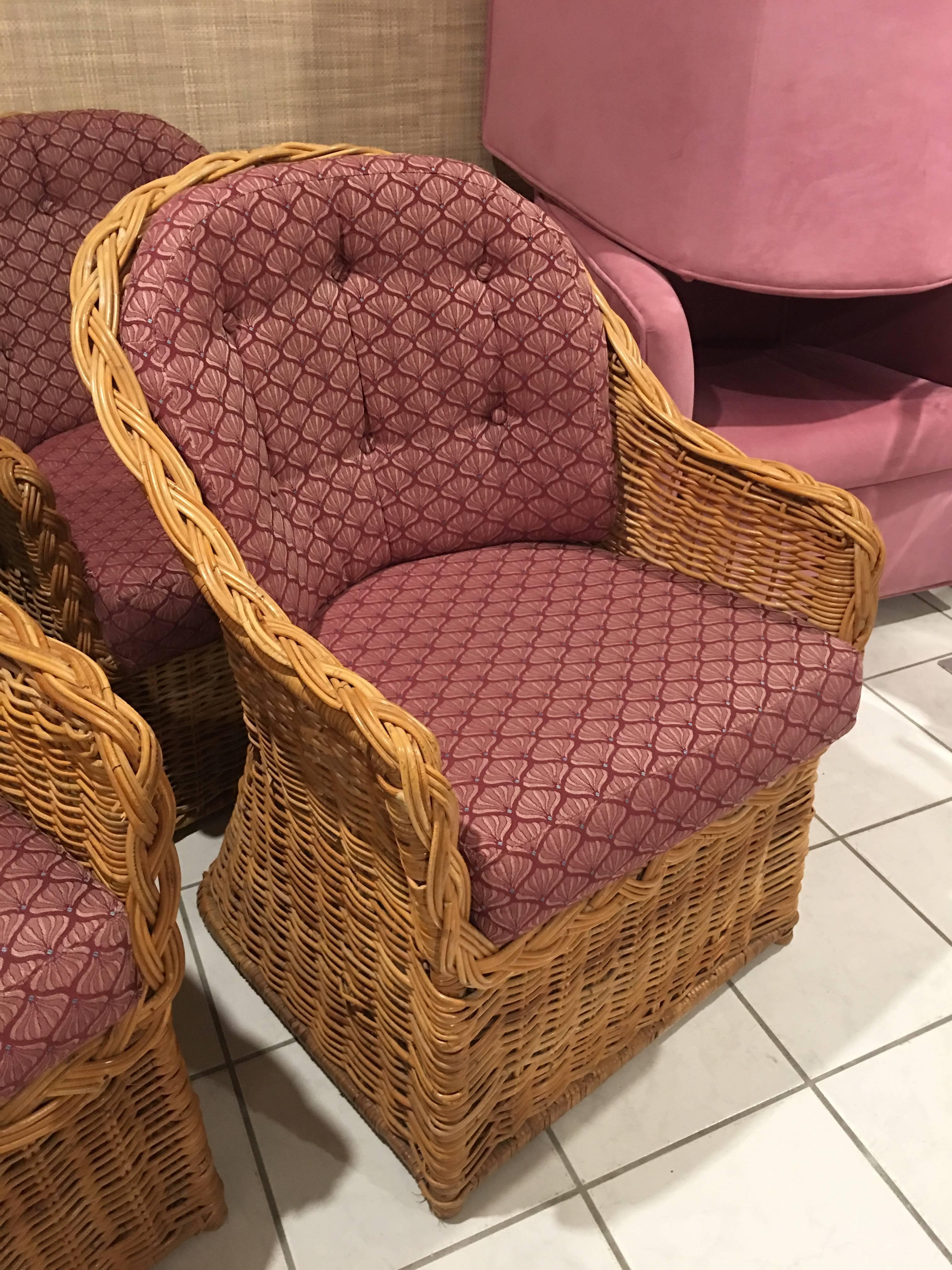 Late 20th Century Set of Four Rattan Wicker Armchairs Dining Tub Barrel Vintage Removable Cushion