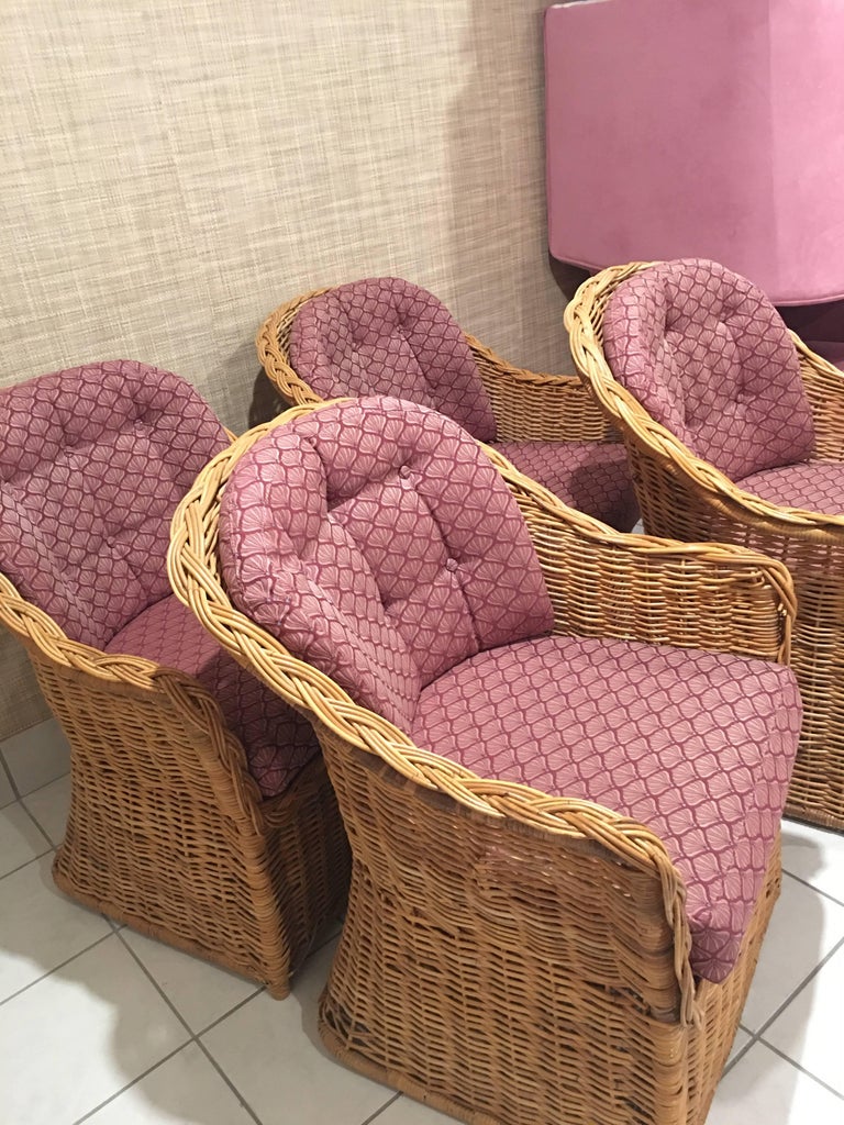 Set of Four Rattan Wicker Armchairs Dining Tub Barrel Vintage Removable Cushion at 1stDibs