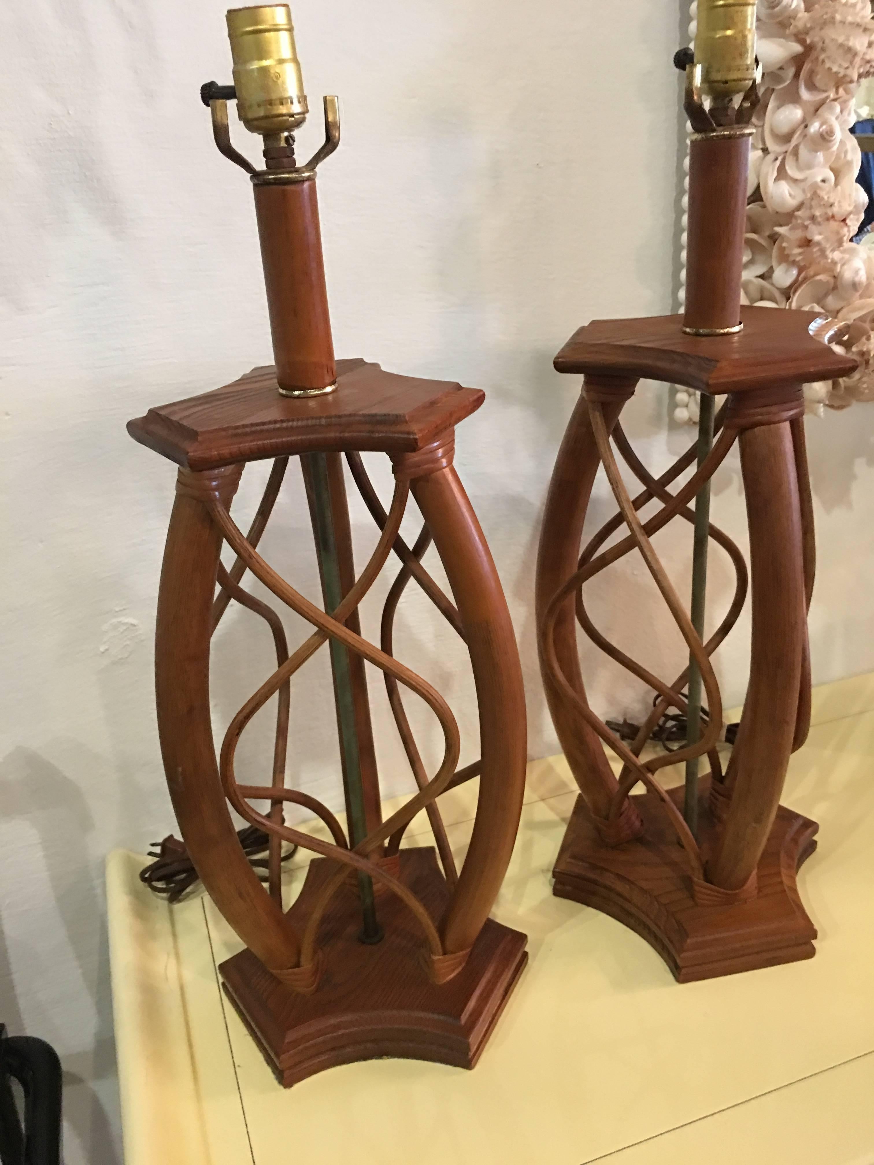 Pair of vintage Mid-Century Modern wood and rattan table lamps. Tested, working order. Original cords and sockets.
 