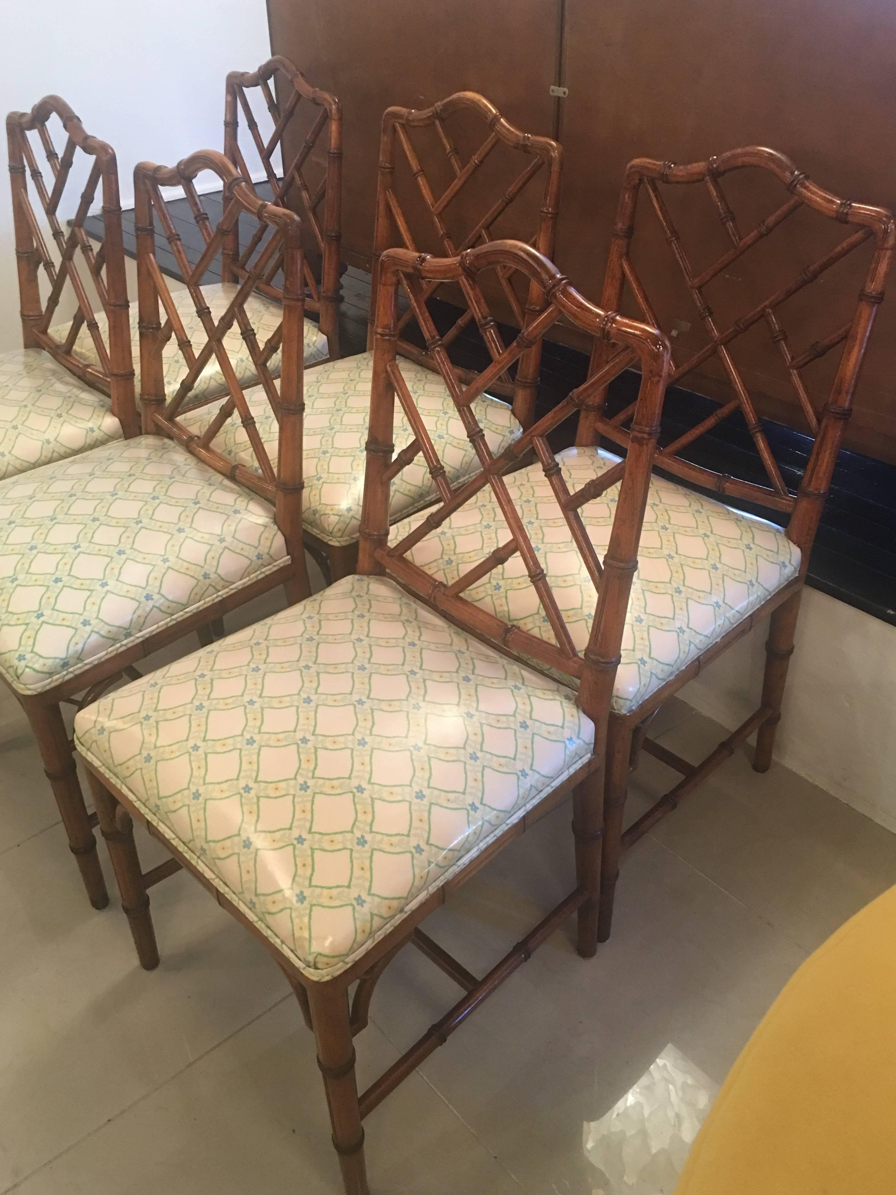 American Faux Bamboo Chinese Chippendale Side Dining Chairs by Century Set of Six