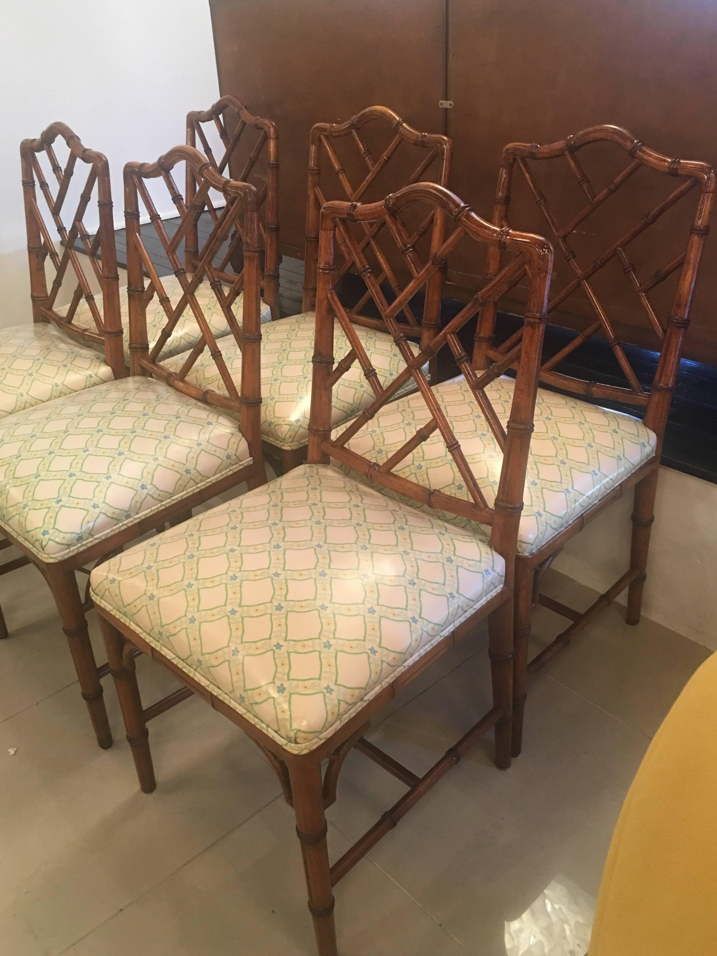 Late 20th Century Faux Bamboo Chinese Chippendale Side Dining Chairs by Century Set of Six