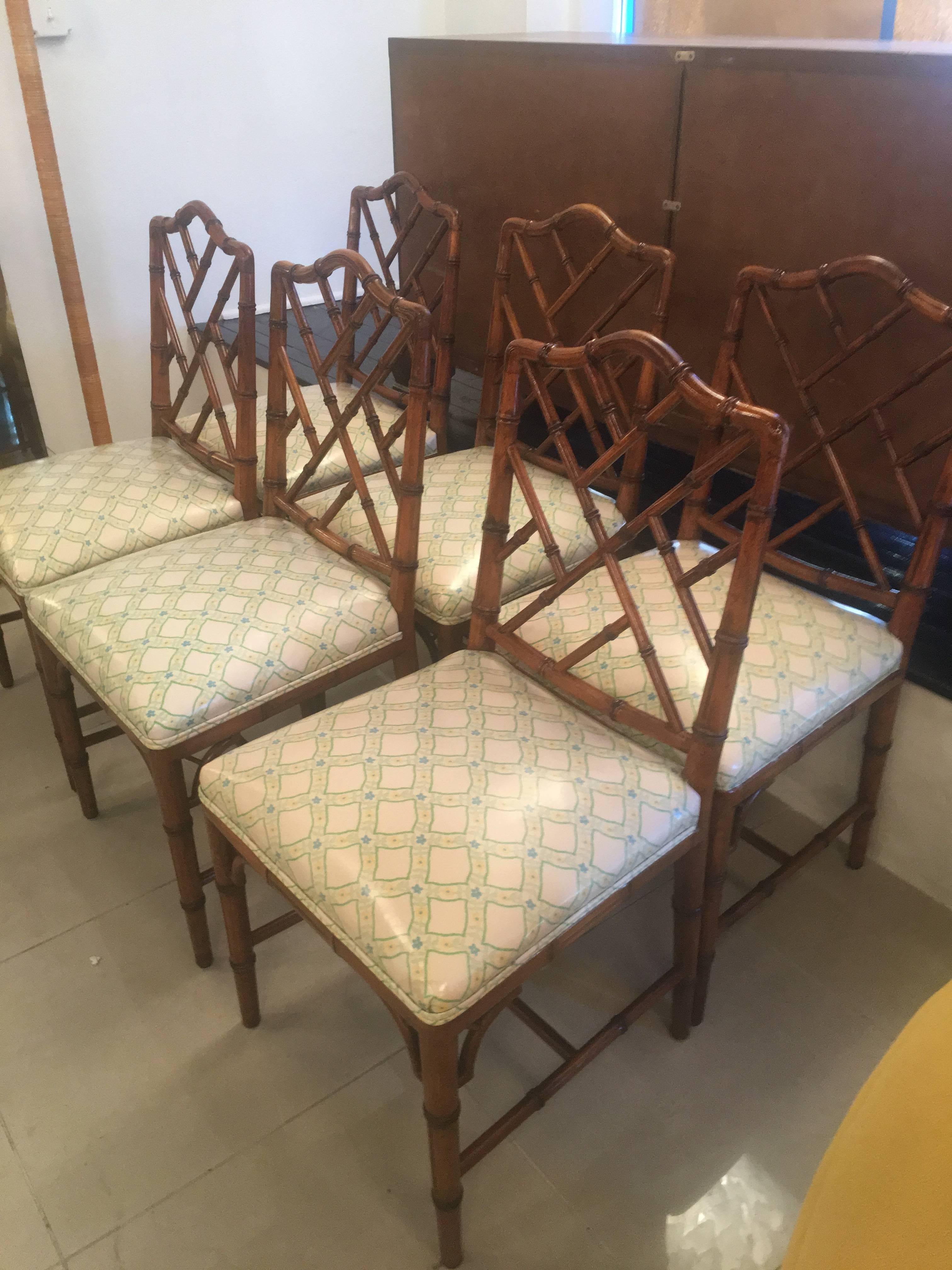 Vintage set of six side dining chairs. Faux bamboo Chinese Chippendale by Century Furniture (tagged underneath) these have original vintage wood finish which has been conditioned. The upholstery is original and will need replacement.