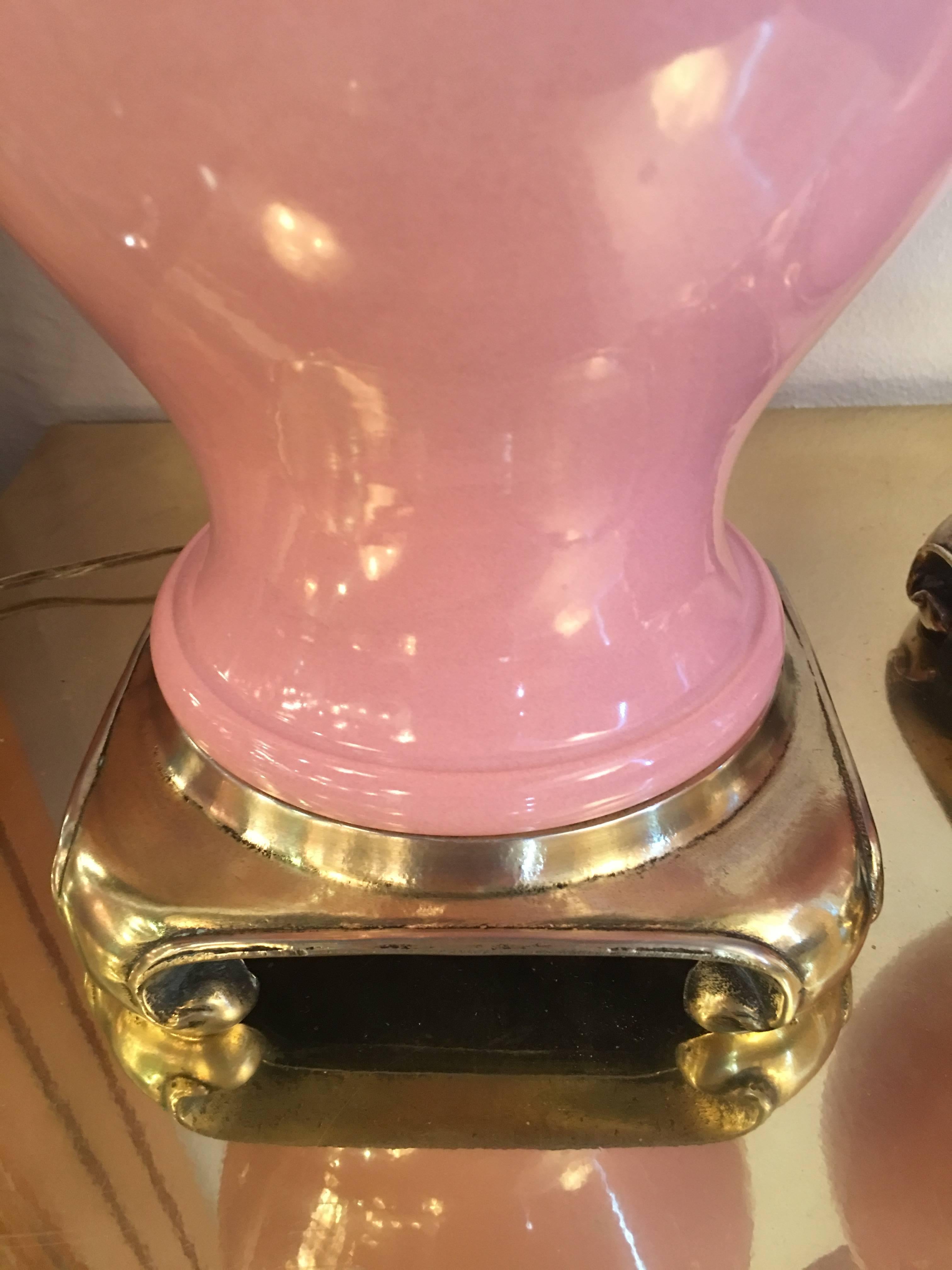 Hollywood Regency Pair of Pink Ceramic and Brass Table Lamps from Breakers Hotel in Palm Beach