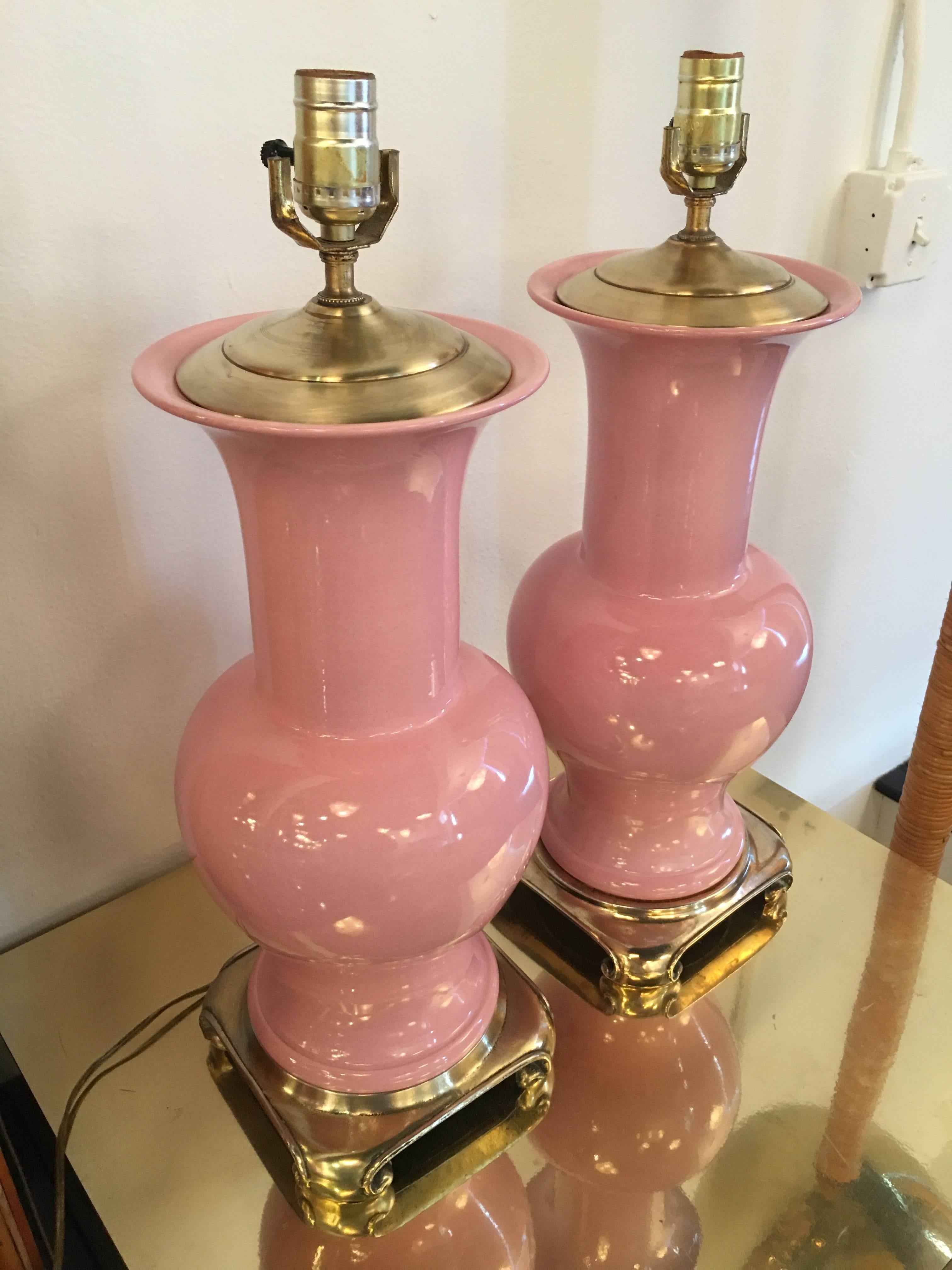 Pair of Pink Ceramic and Brass Table Lamps from Breakers Hotel in Palm Beach 1