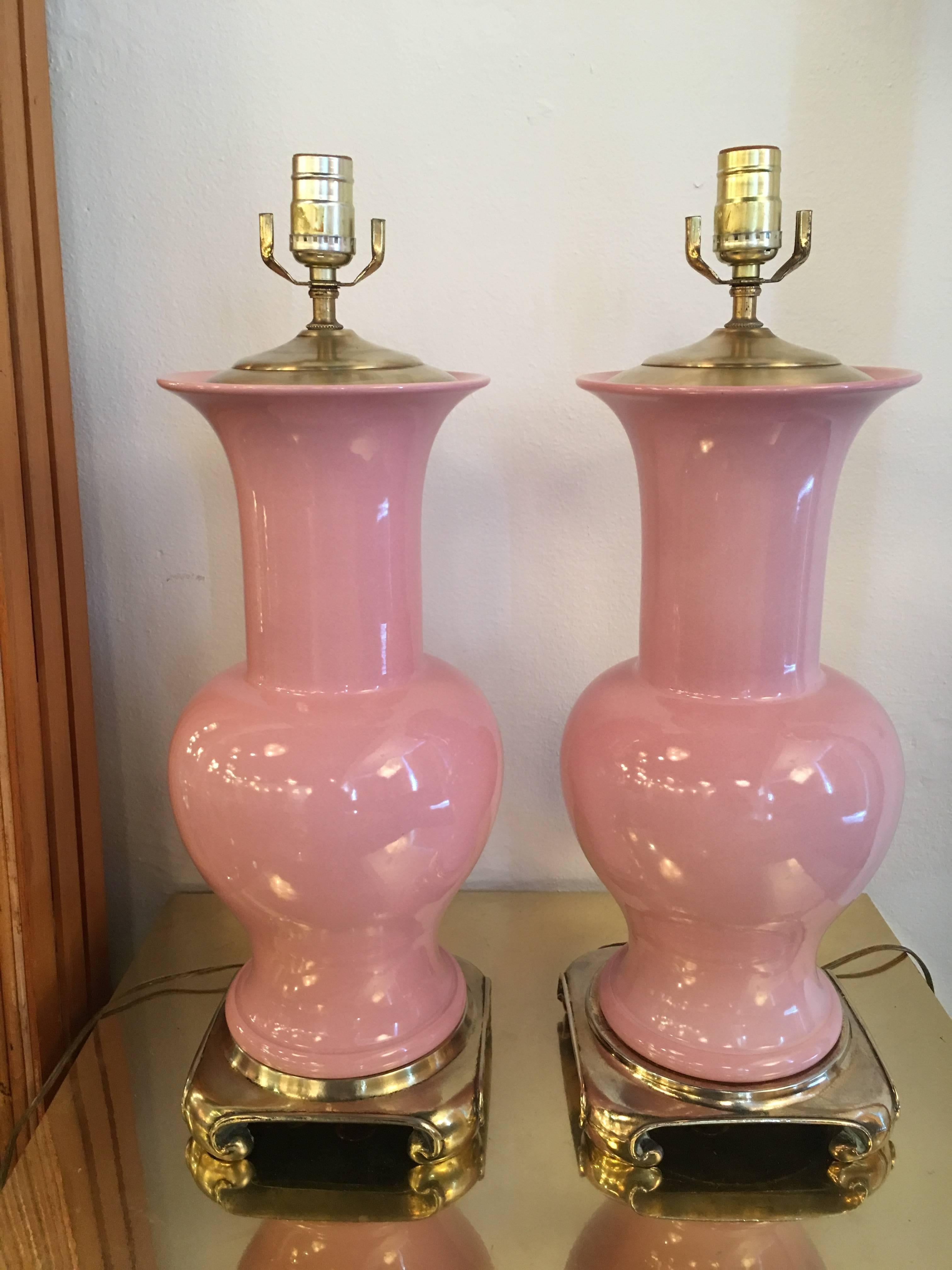 Pair of Pink Ceramic and Brass Table Lamps from Breakers Hotel in Palm Beach 3