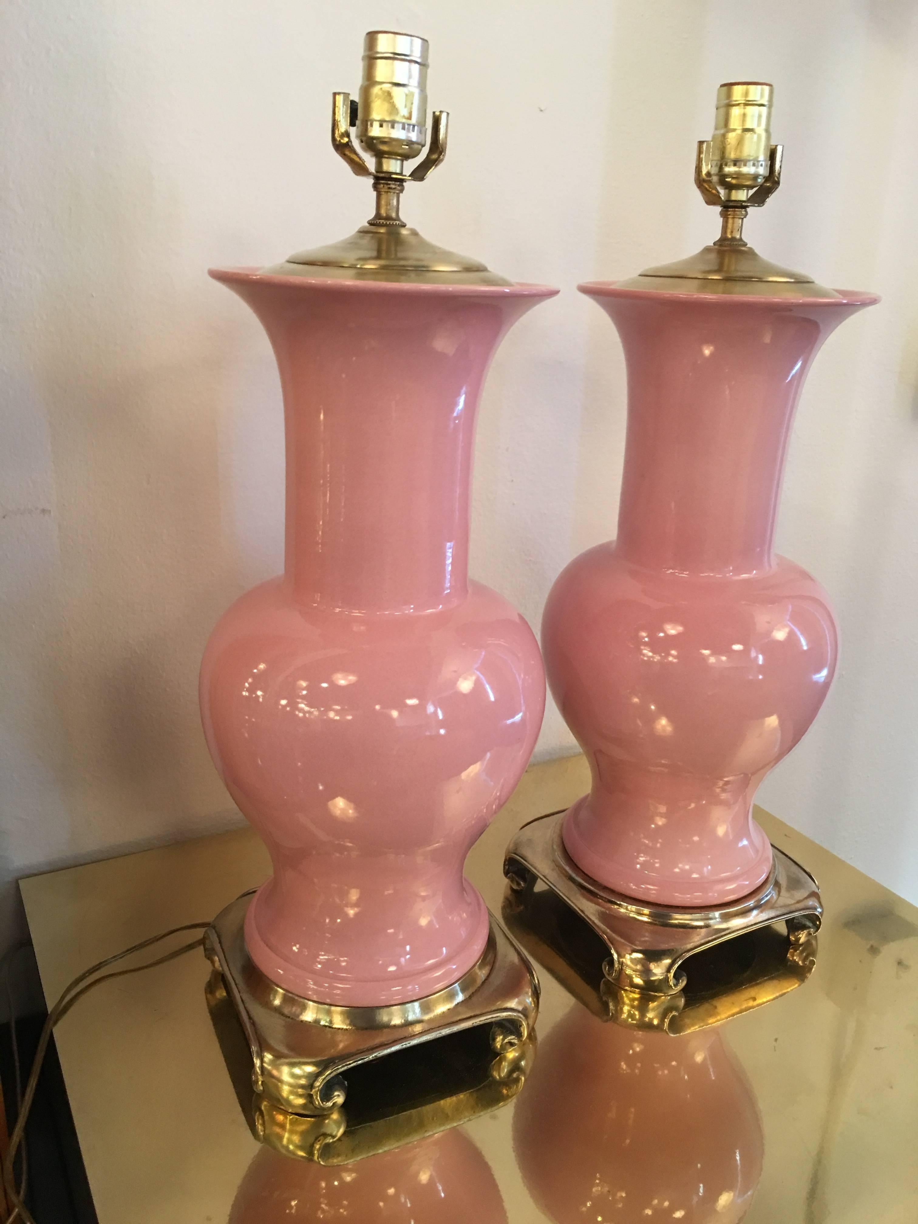 Pair of Pink Ceramic and Brass Table Lamps from Breakers Hotel in Palm Beach 4