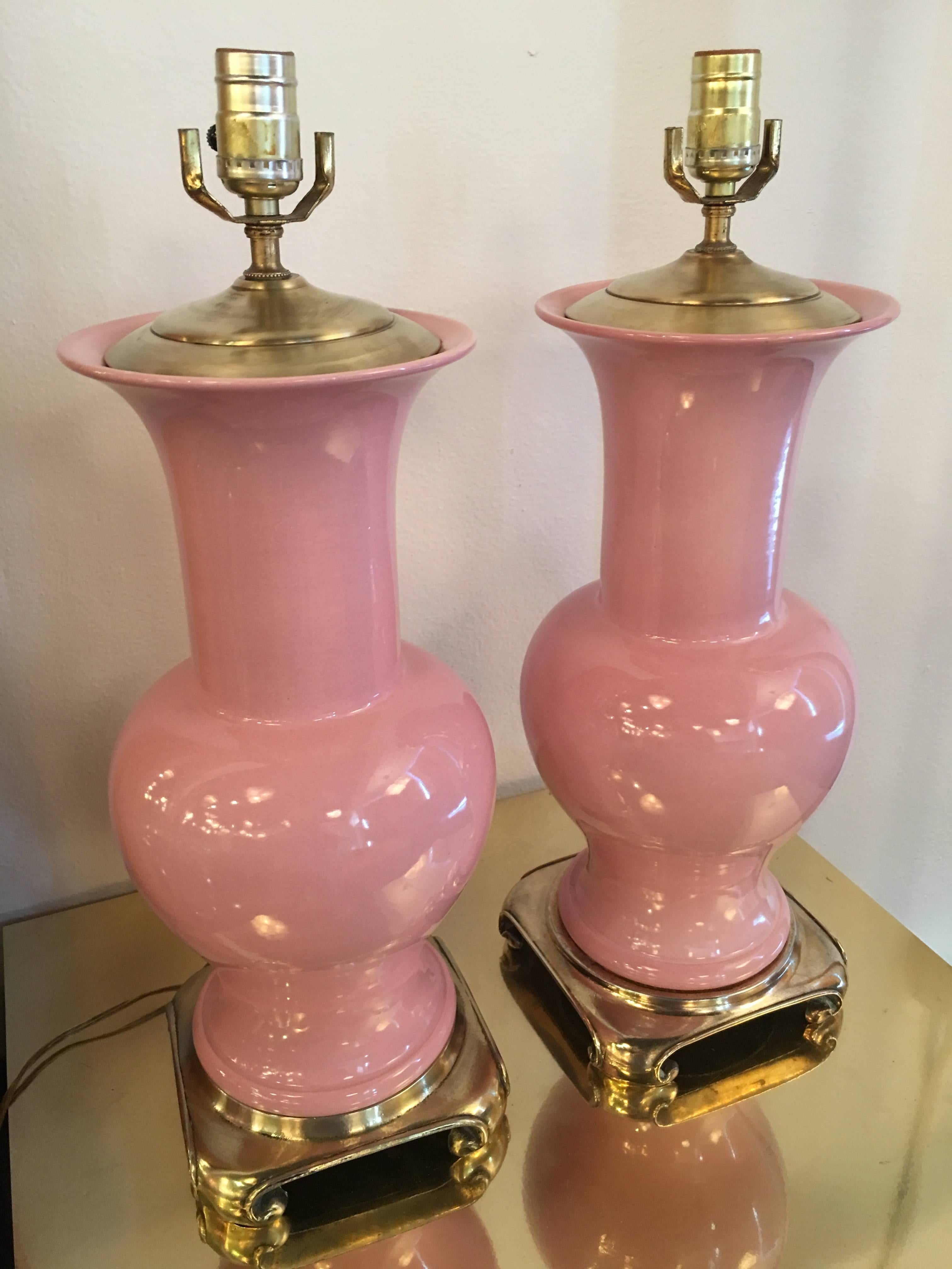 Pair of Pink Ceramic and Brass Table Lamps from Breakers Hotel in Palm Beach 2