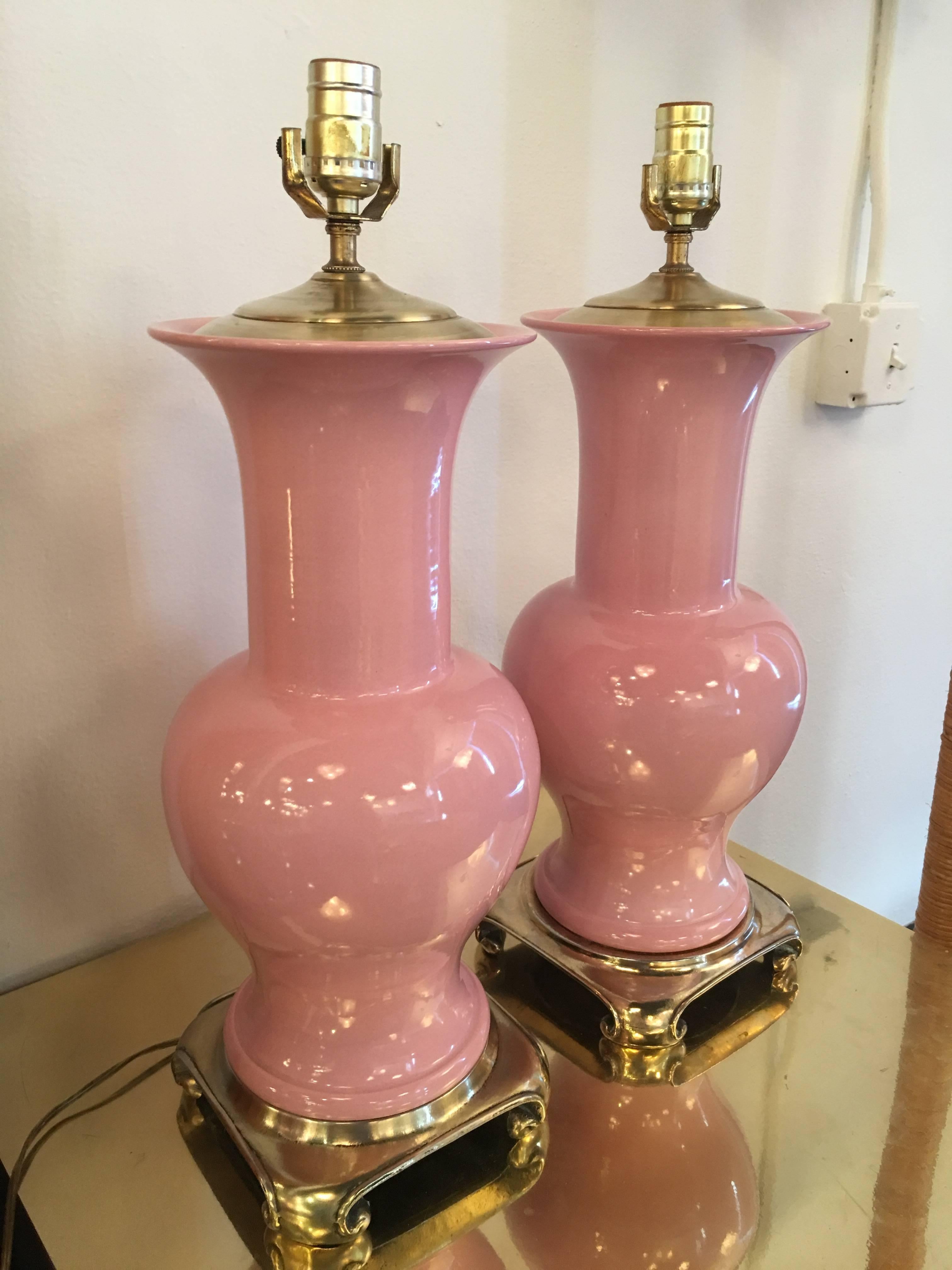 Late 20th Century Pair of Pink Ceramic and Brass Table Lamps from Breakers Hotel in Palm Beach