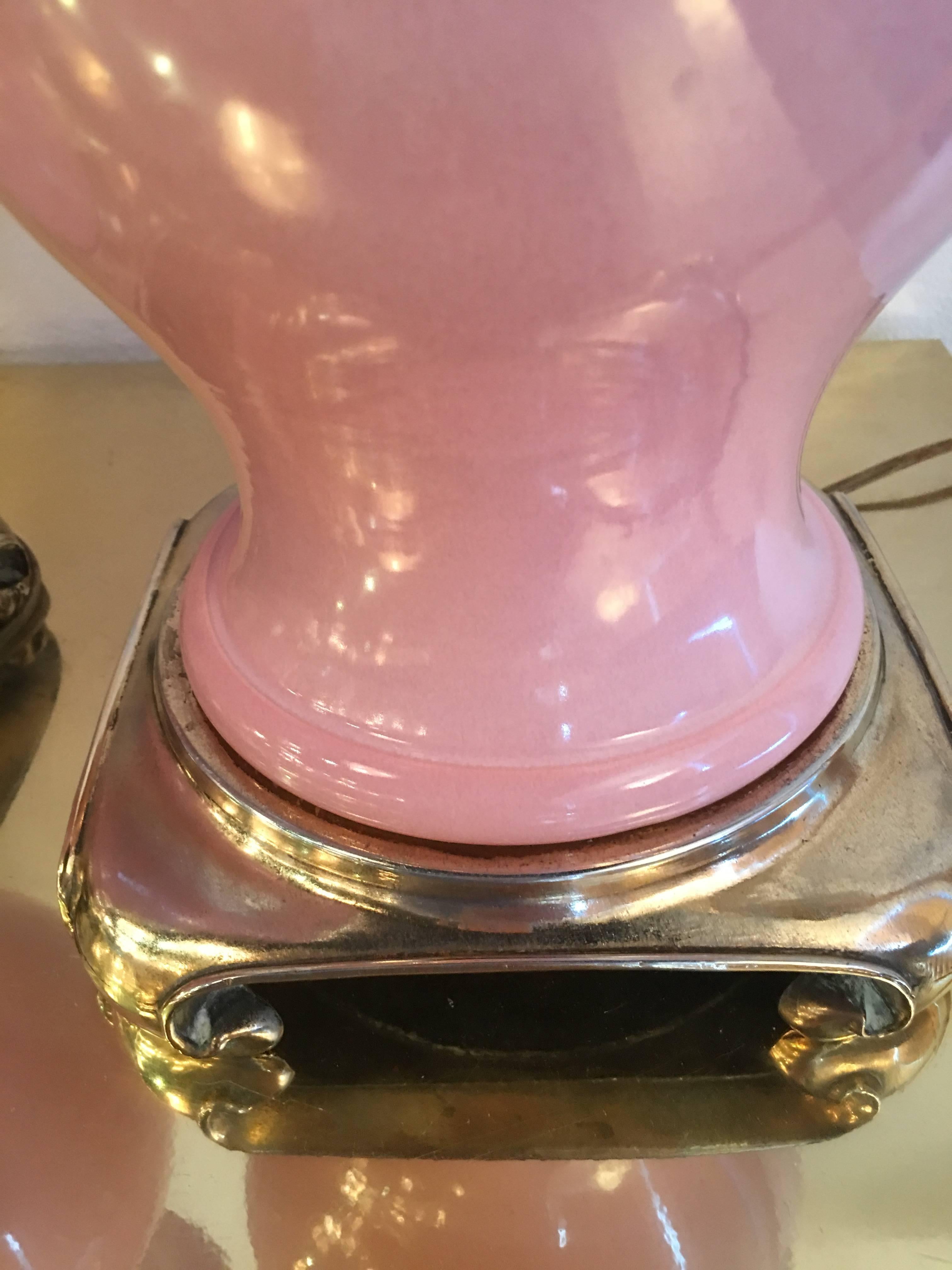 American Pair of Pink Ceramic and Brass Table Lamps from Breakers Hotel in Palm Beach