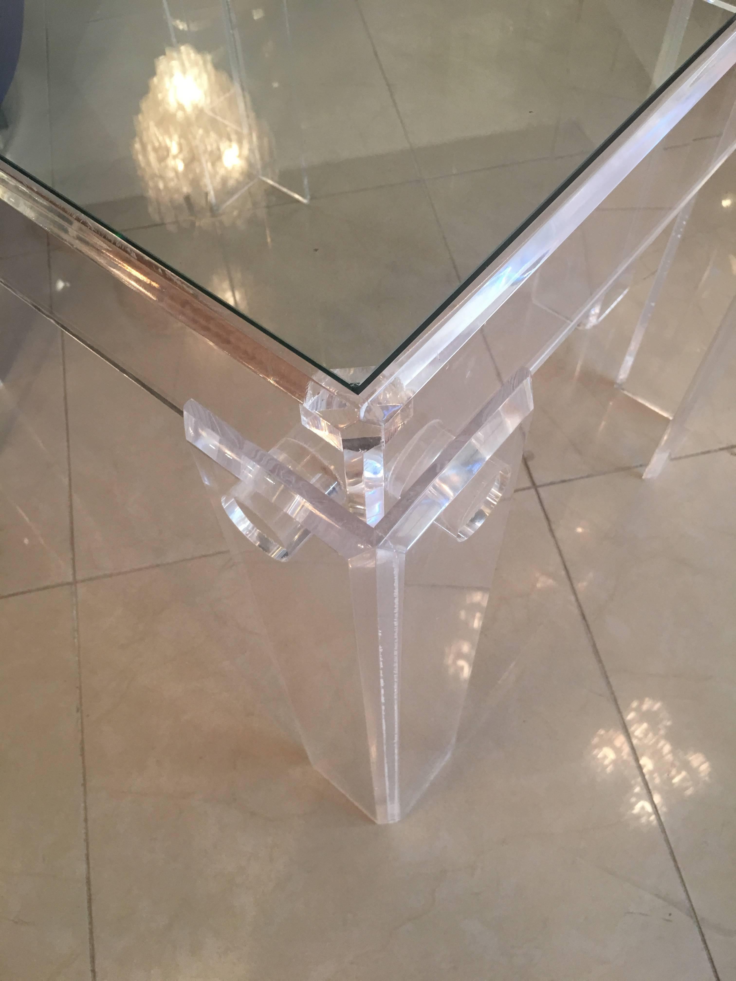 Late 20th Century Vintage Pair of Lucite End Side Tables with Glass Top, Peg, Bolt