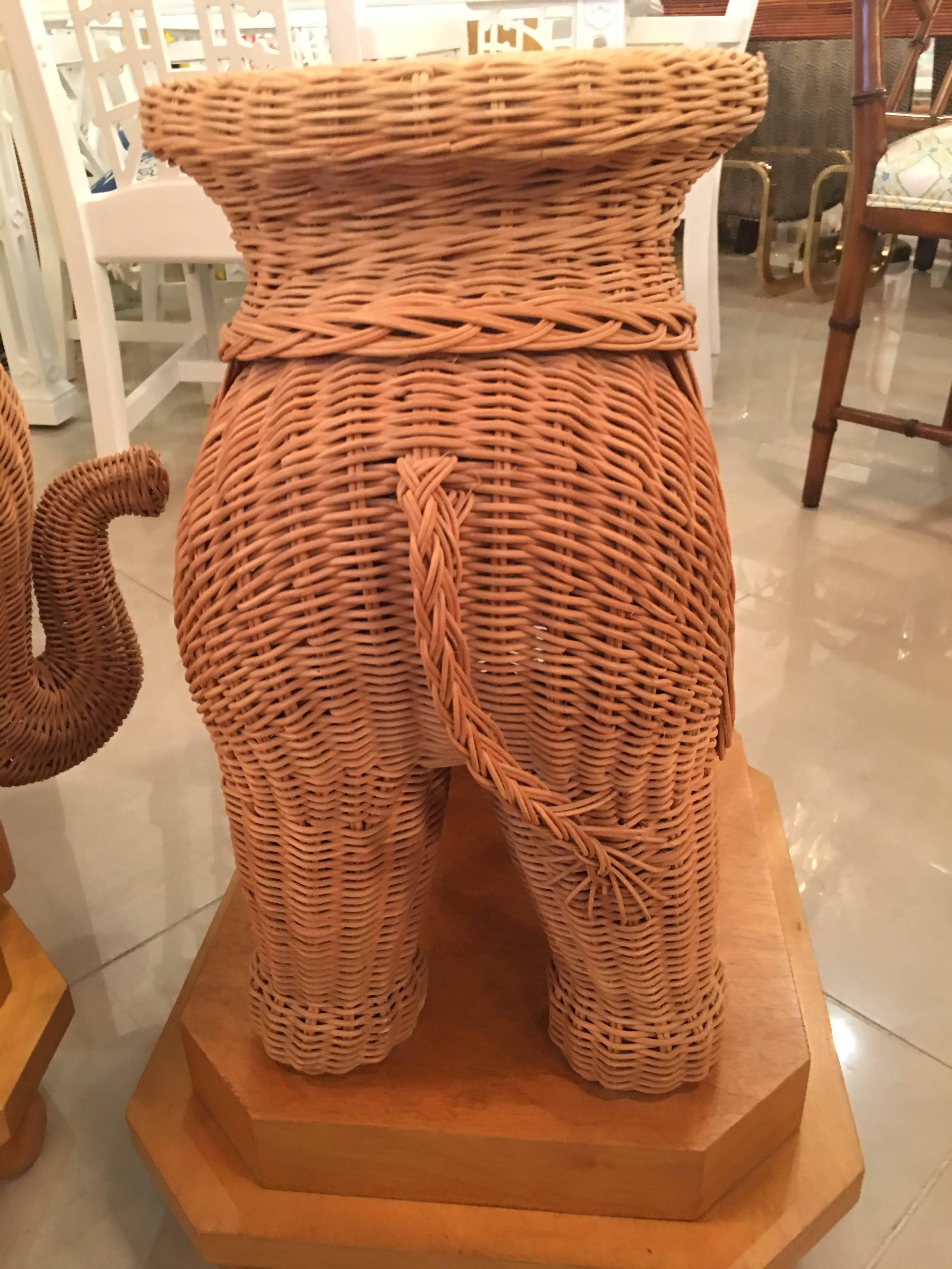 Hollywood Regency Pair of Wicker Elephant Garden Stool Stands End Side Tables Palm Beach