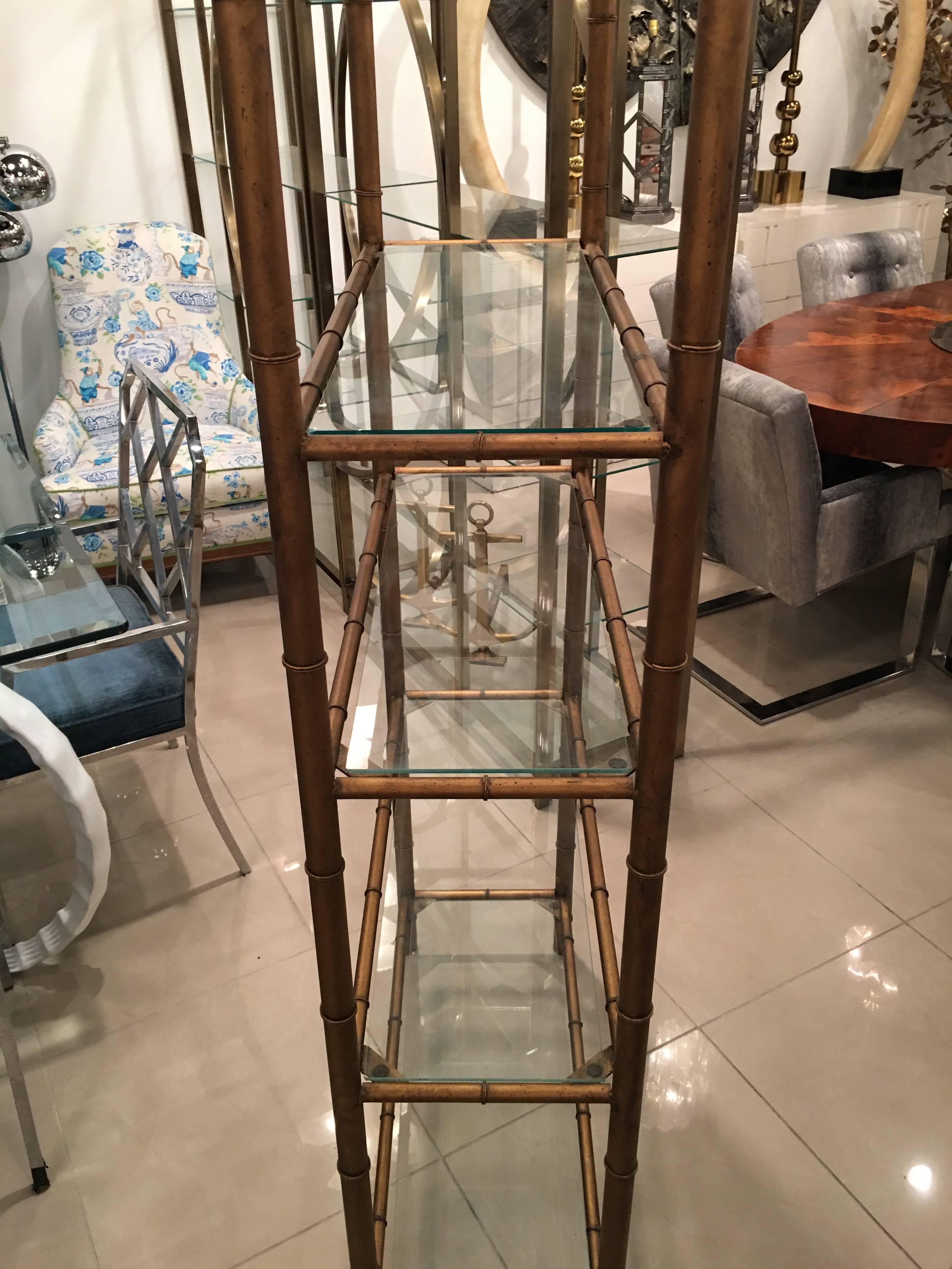 Pagoda Faux Bamboo Etagere, Metal and Glass Shelves In Good Condition In West Palm Beach, FL