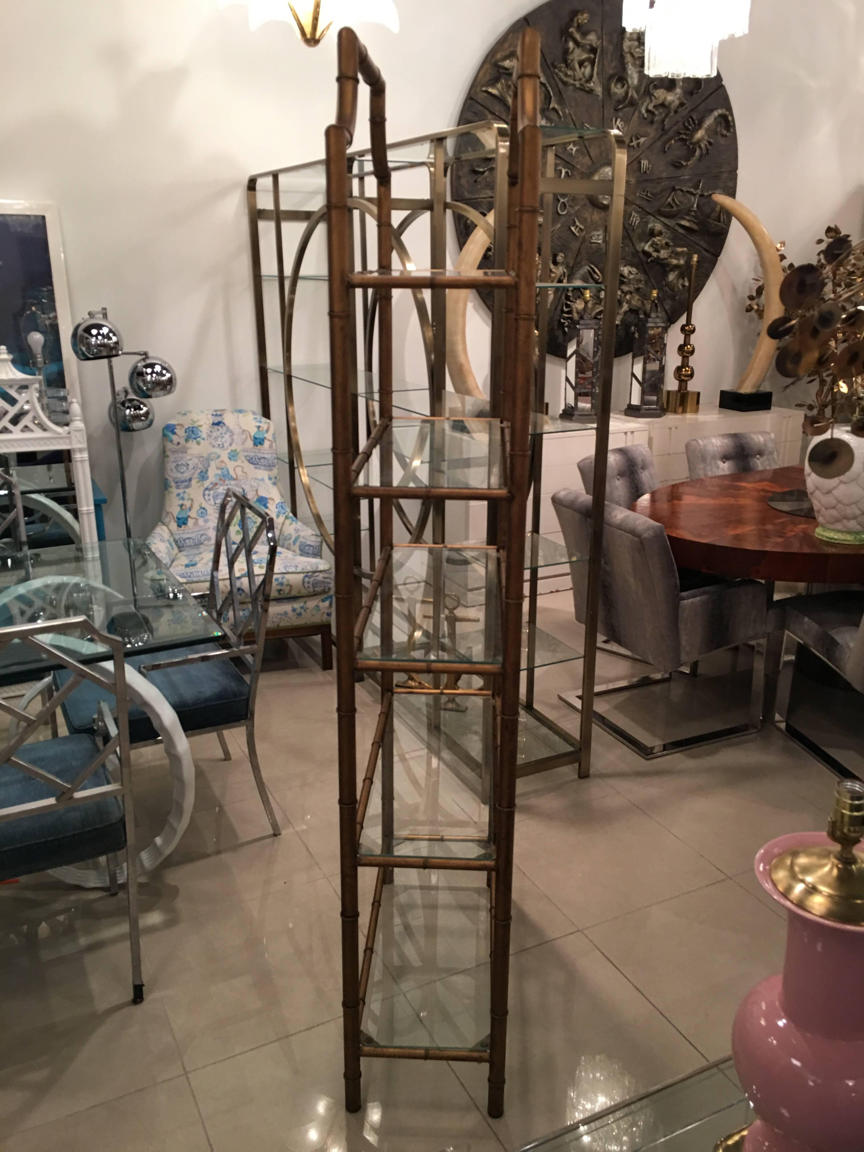 Hollywood Regency Pagoda Faux Bamboo Etagere, Metal and Glass Shelves