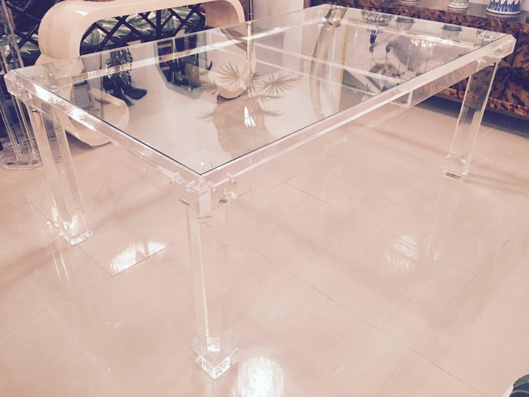 Lucite Dining Table Signed VJJ 1978 Column Legs Thick Hollywood Regency