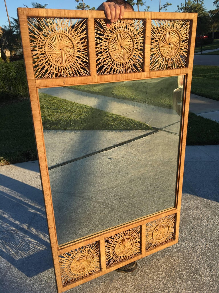 Rattan Boho Oversized Wall Mirror Tropical Palm Beach Bamboo at 1stDibs