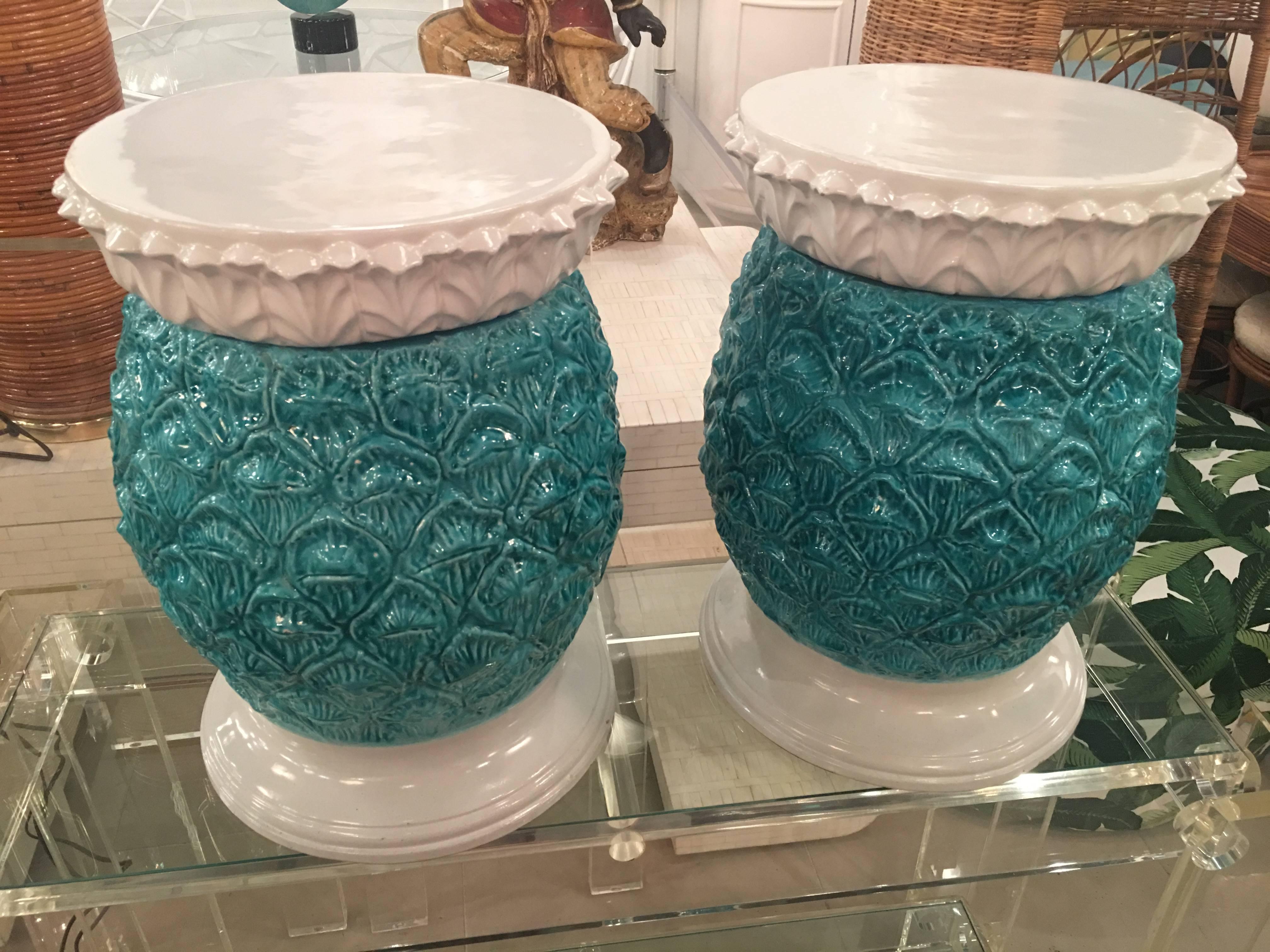 The most amazing pair of vintage, made in Italy, Italian garden stools, stands. Perfect indoors or outdoors, glazed terra cotta, heavy, tops come off. The beautiful teals and blues from the glaze are amazing! Can be used as garden stands, stools,