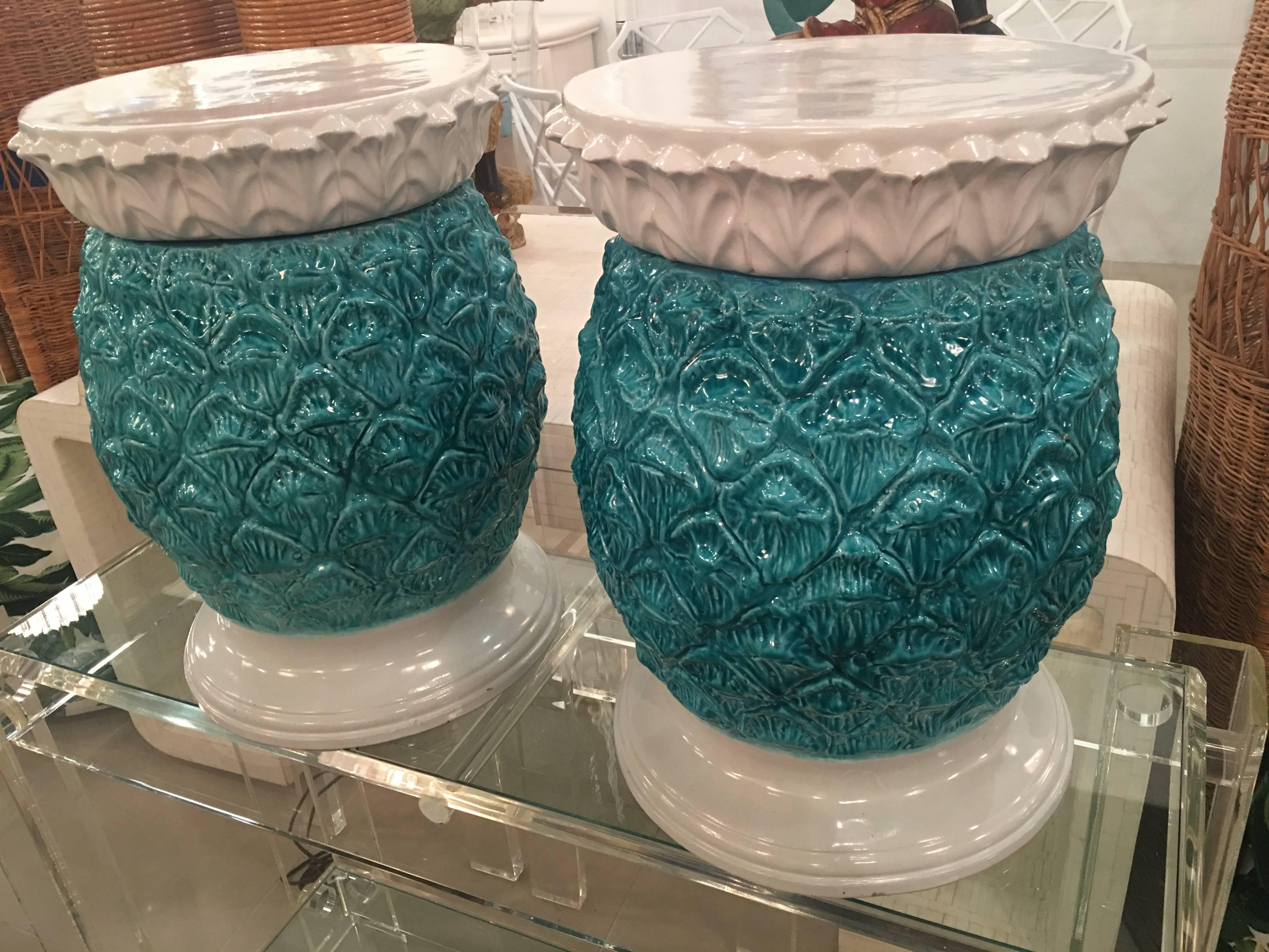 Glazed Terra Cora Pineapple Garden Stools Stands Italian Pair of End Side Tables In Good Condition In West Palm Beach, FL