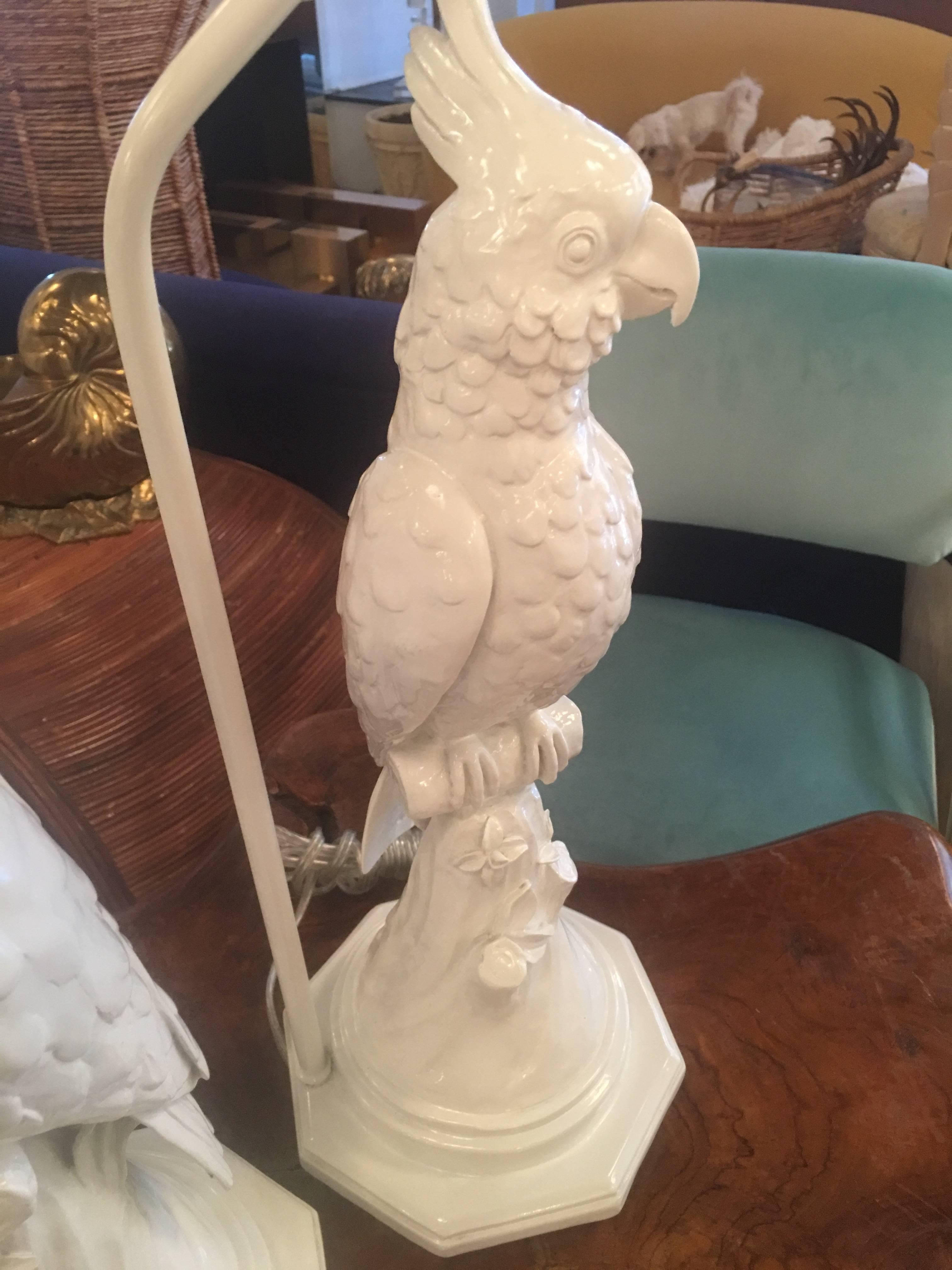 American Pair of Vintage White Tropical Palm Beach Parrot Bird Table Lamps