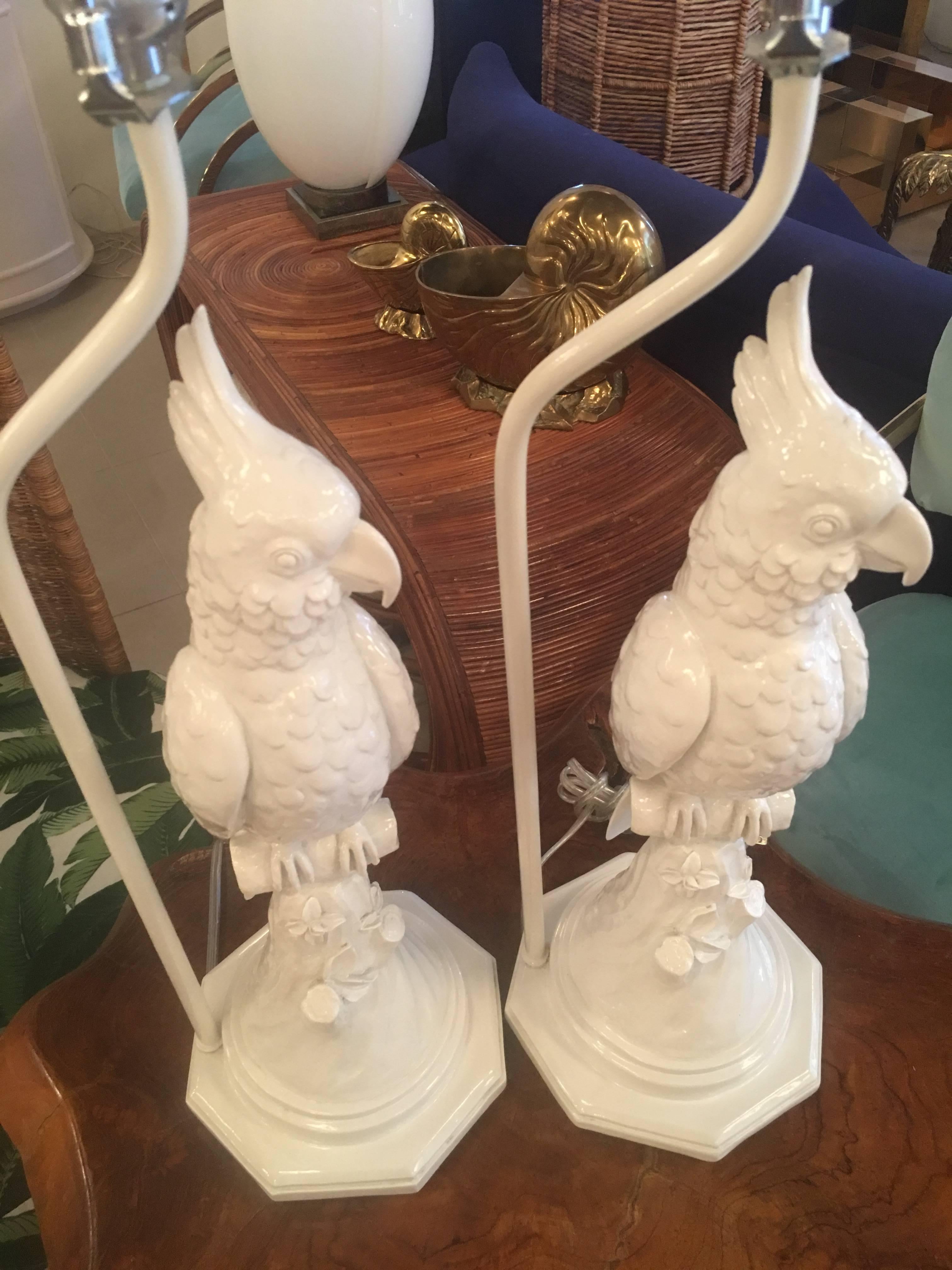 Wood Pair of Vintage White Tropical Palm Beach Parrot Bird Table Lamps