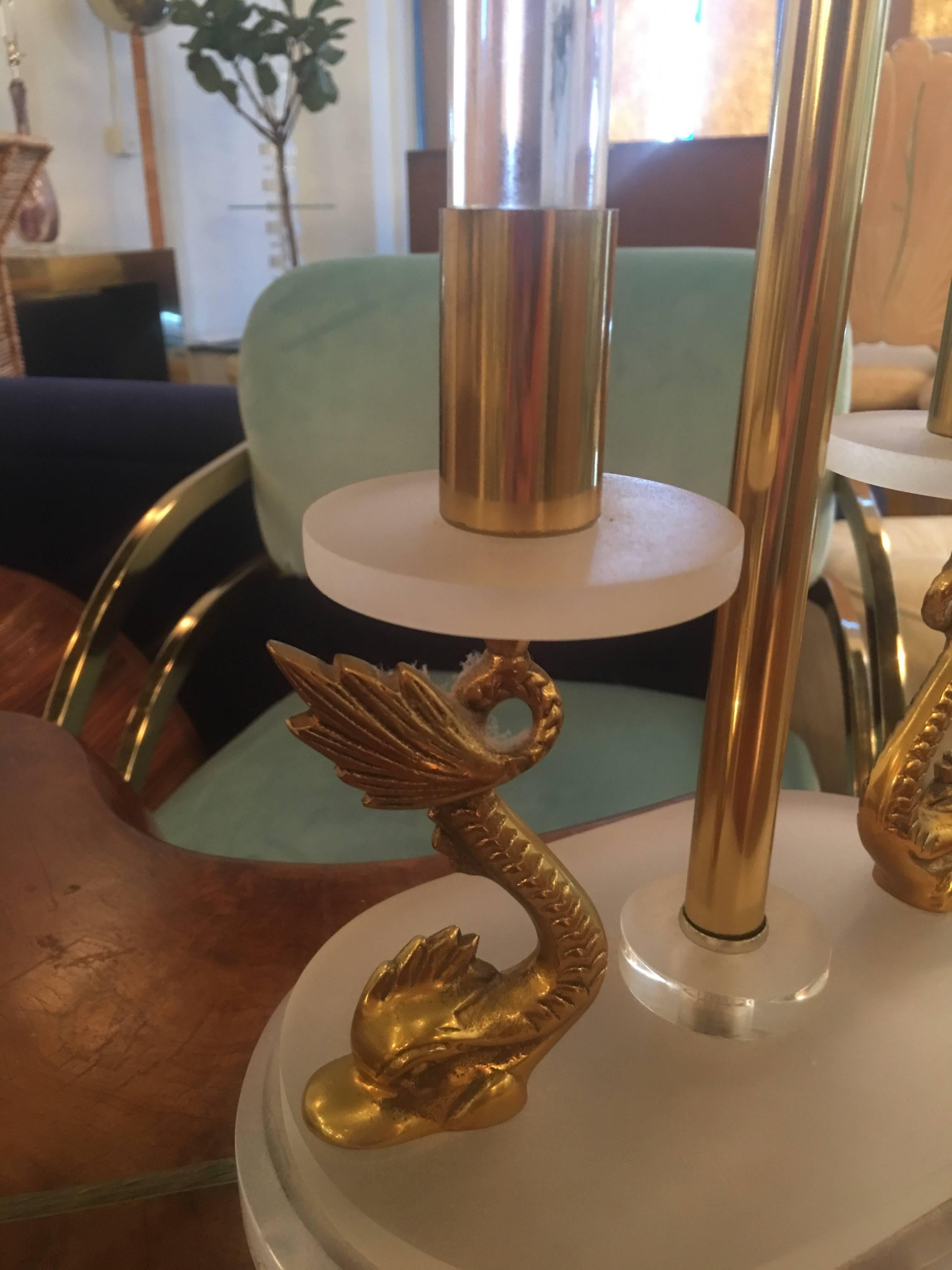 Pair of Neoclassical Brass and Lucite Koi Table Lamps  In Good Condition For Sale In West Palm Beach, FL