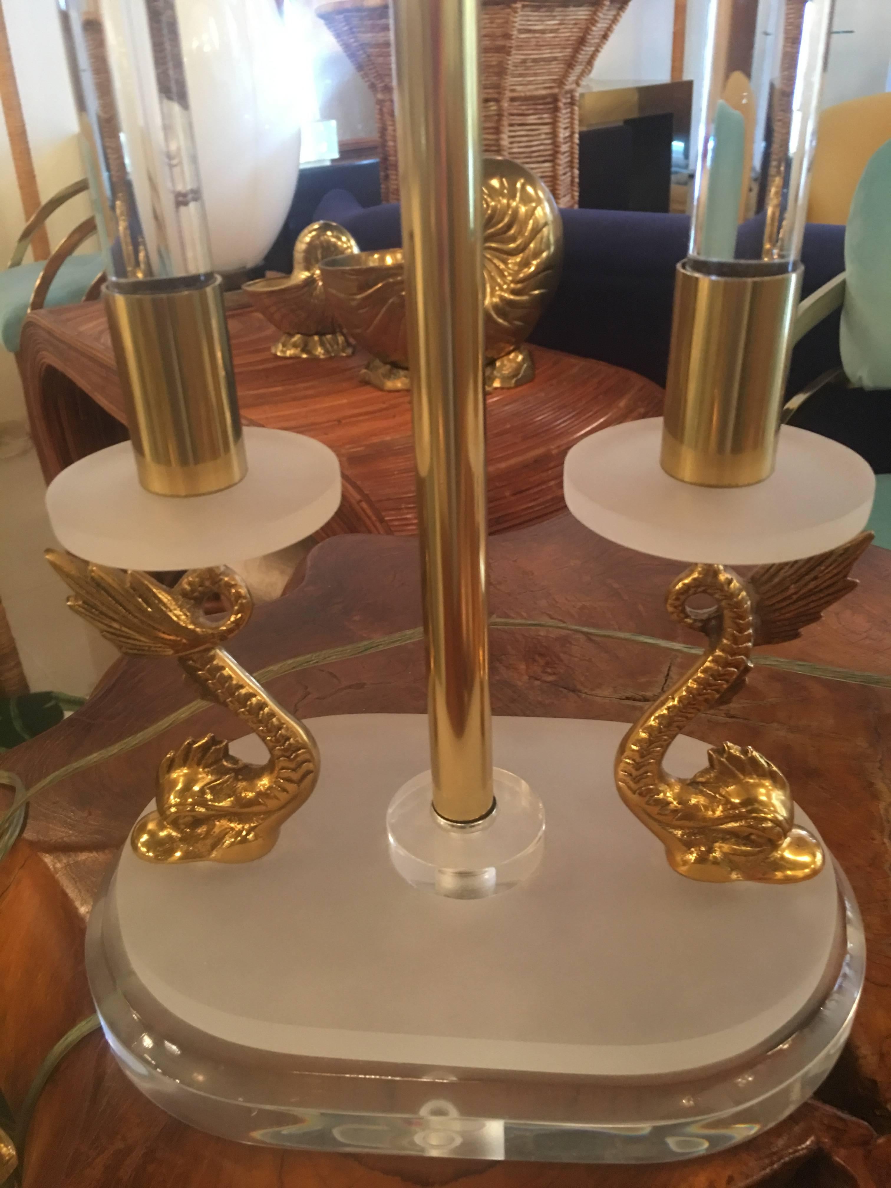 American Pair of Neoclassical Brass and Lucite Koi Table Lamps  For Sale