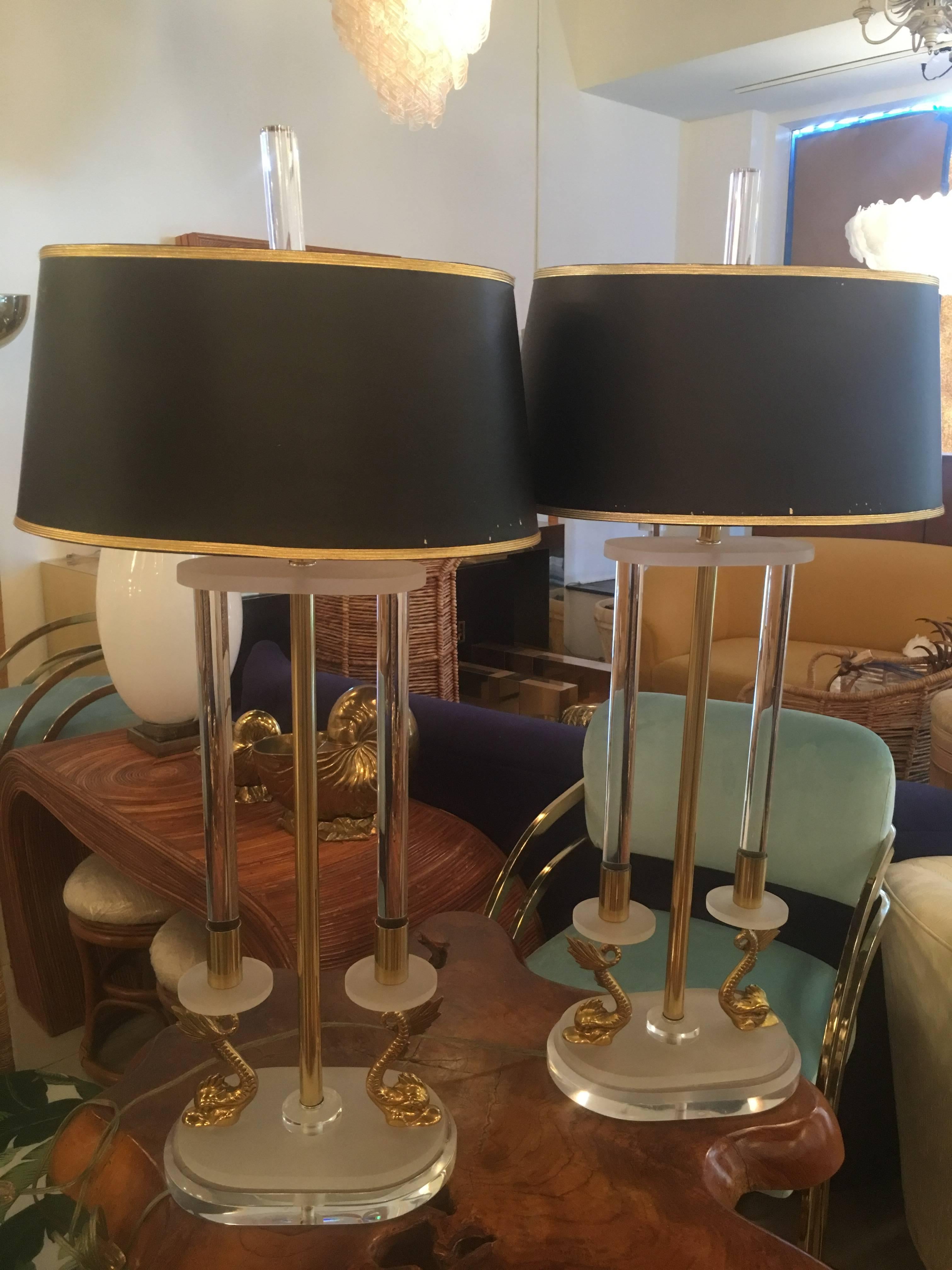 Pair of Neoclassical Brass and Lucite Koi Table Lamps  For Sale 4