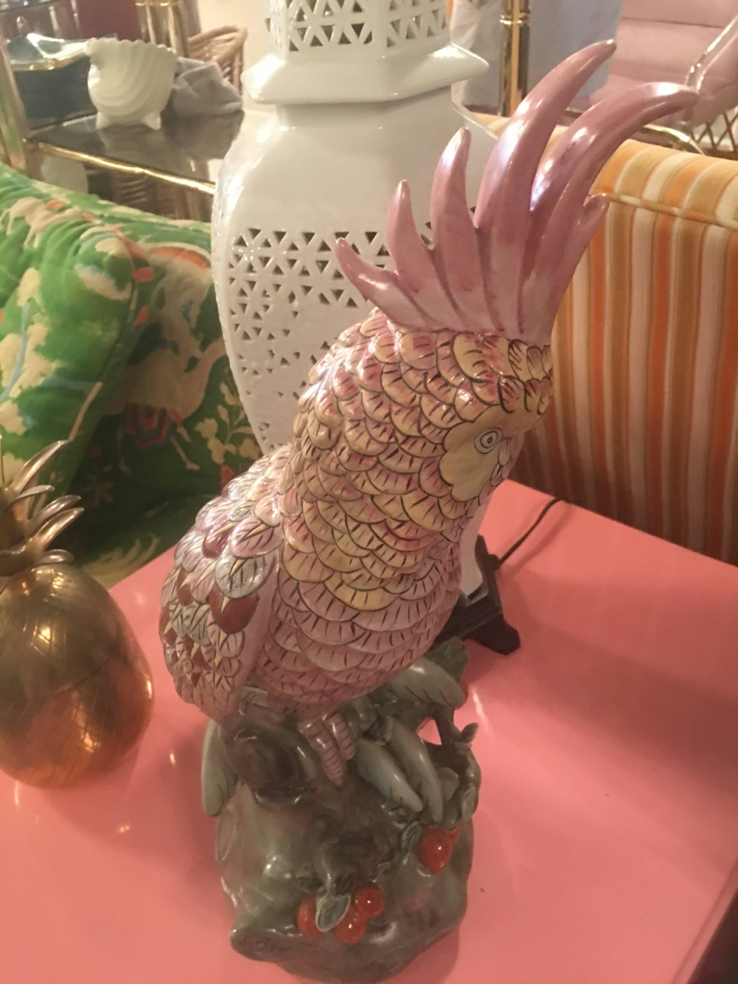 Tropical Palm Beach Pink Porcelain Parrot Bird Statue In Excellent Condition In West Palm Beach, FL
