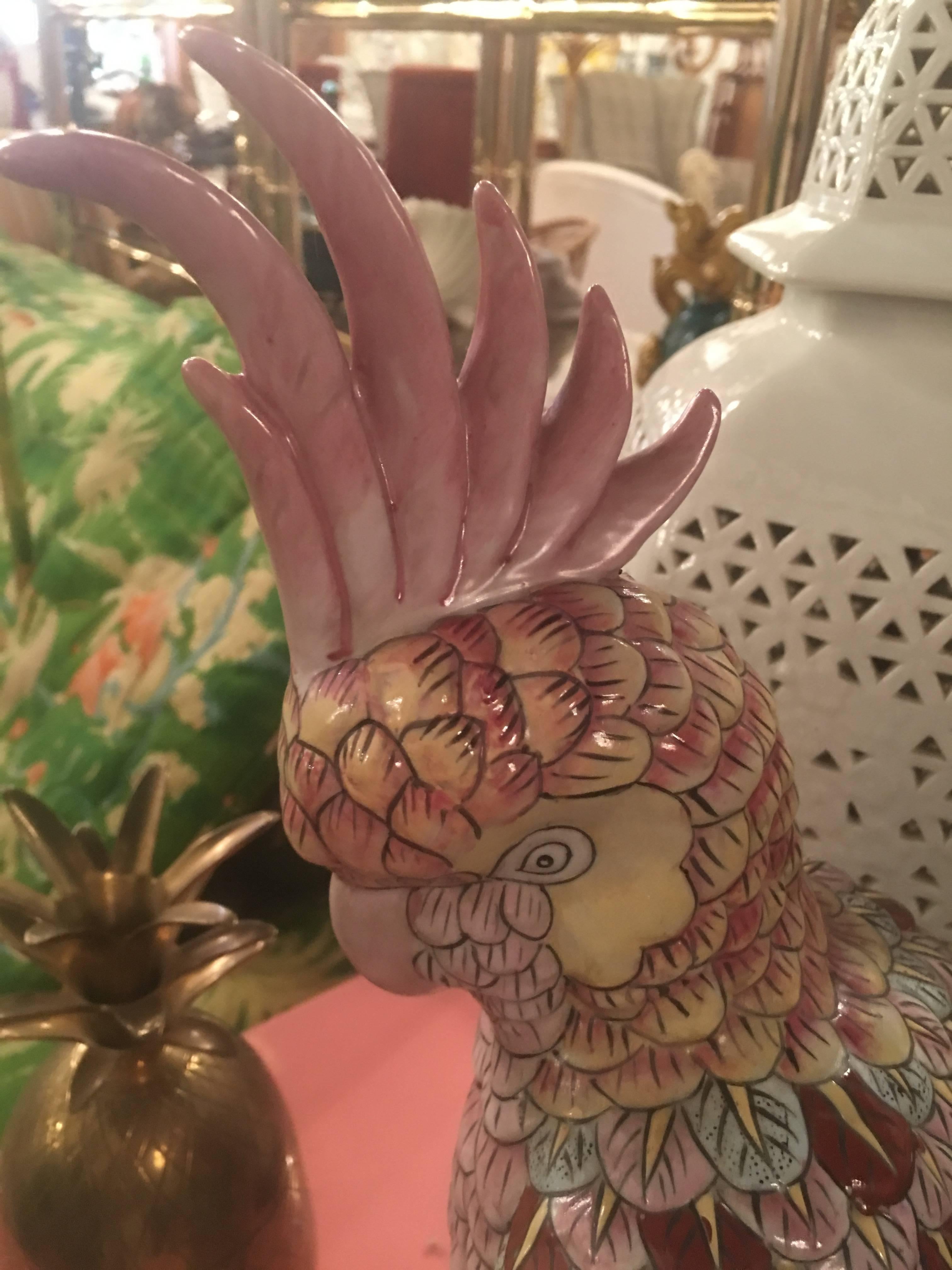 Tropical Palm Beach Pink Porcelain Parrot Bird Statue 1