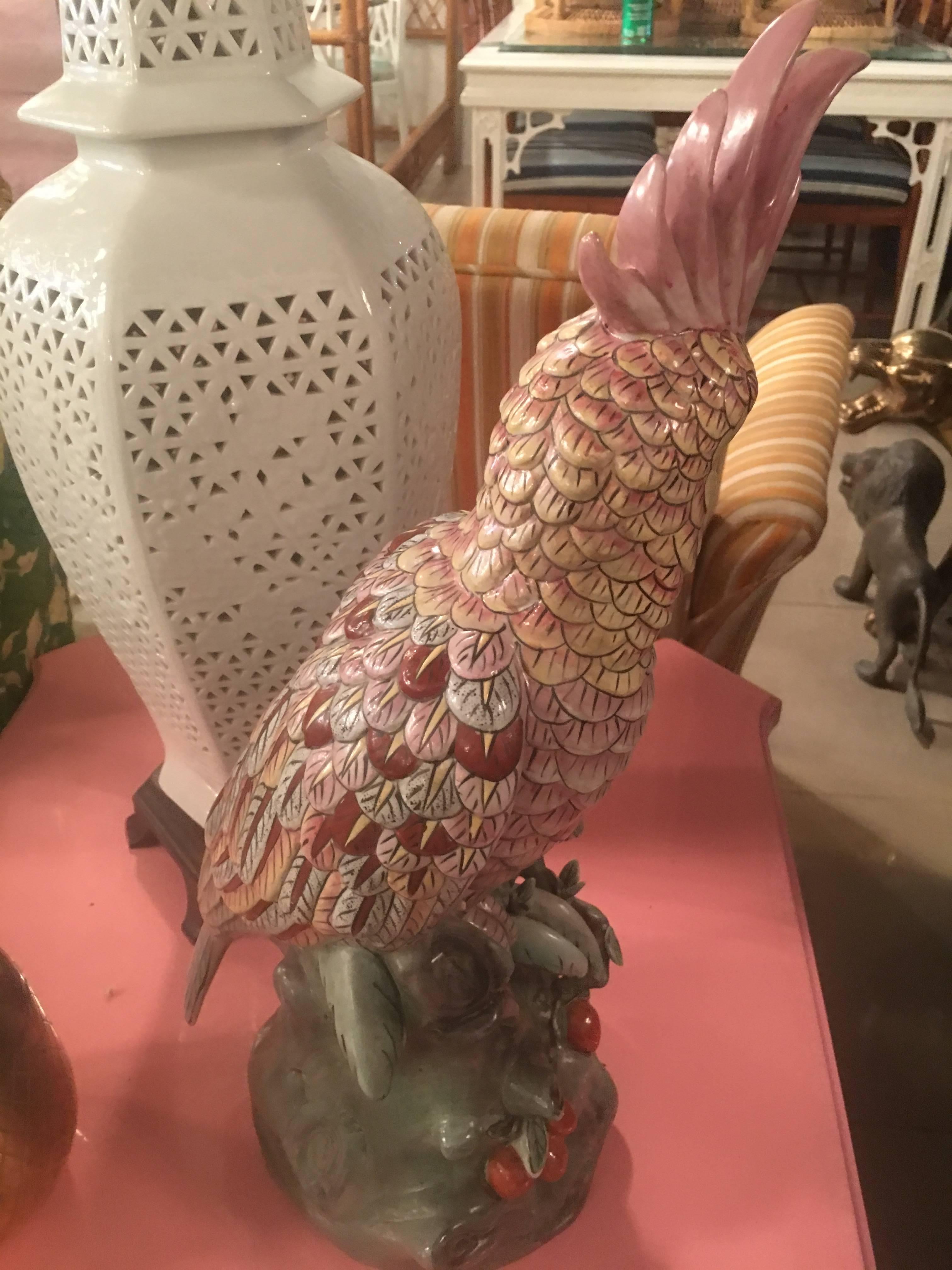 Italian Tropical Palm Beach Pink Porcelain Parrot Bird Statue