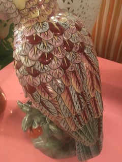 Tropical Palm Beach Pink Porcelain Parrot Bird Statue