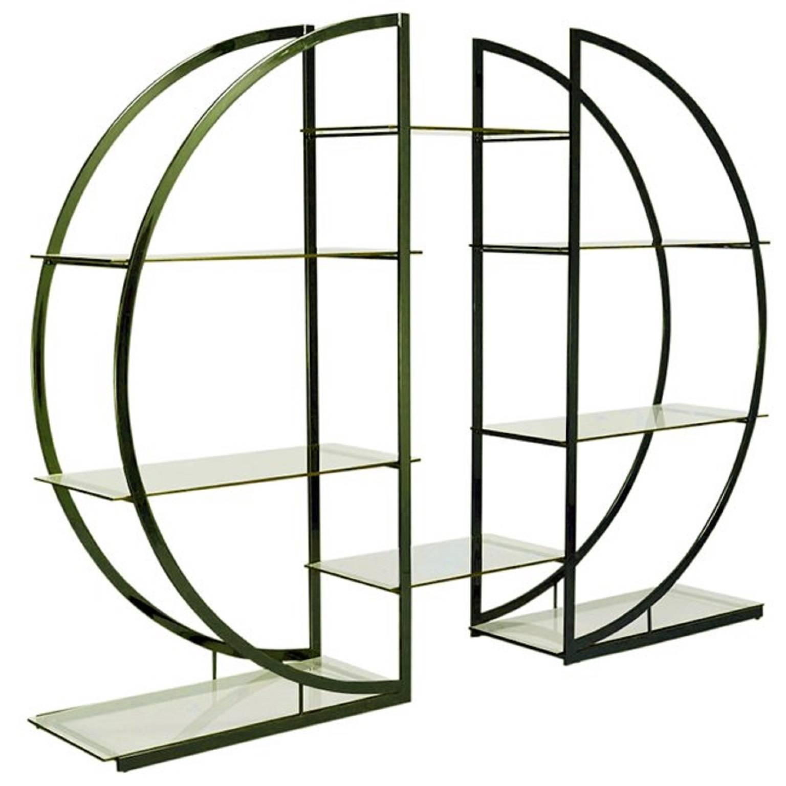 American Milo Baughman Art Deco Brass Pair of Etageres Circular D Hollywood Regency Shelf