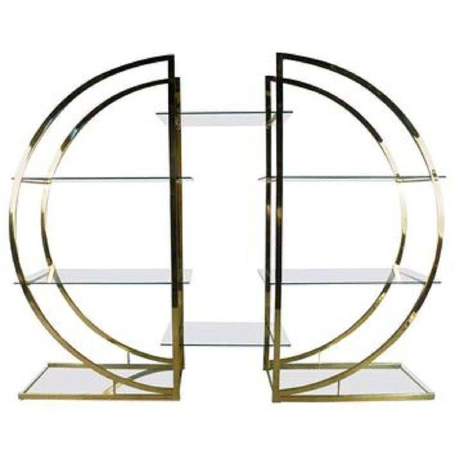 20th Century Milo Baughman Art Deco Brass Pair of Etageres Circular D Hollywood Regency Shelf