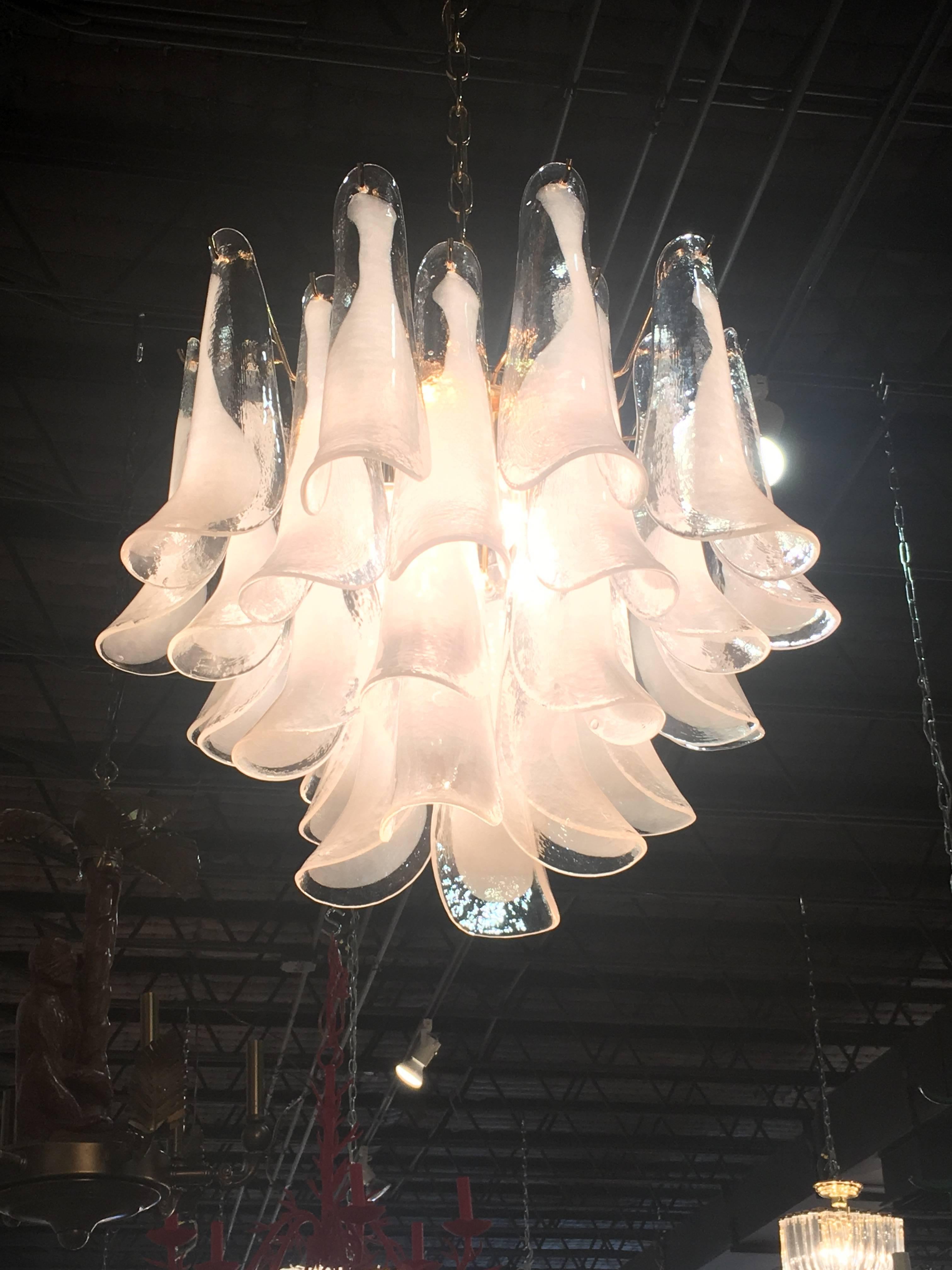 Lovely vintage four-tier Murano Mazzega feather tulip petal shoe horn chandelier. 30 clear and white blown glass petals, brass cage. No chips or breaks to petals. Holds five lightbulbs. Has original chain and ceiling canopy.
 