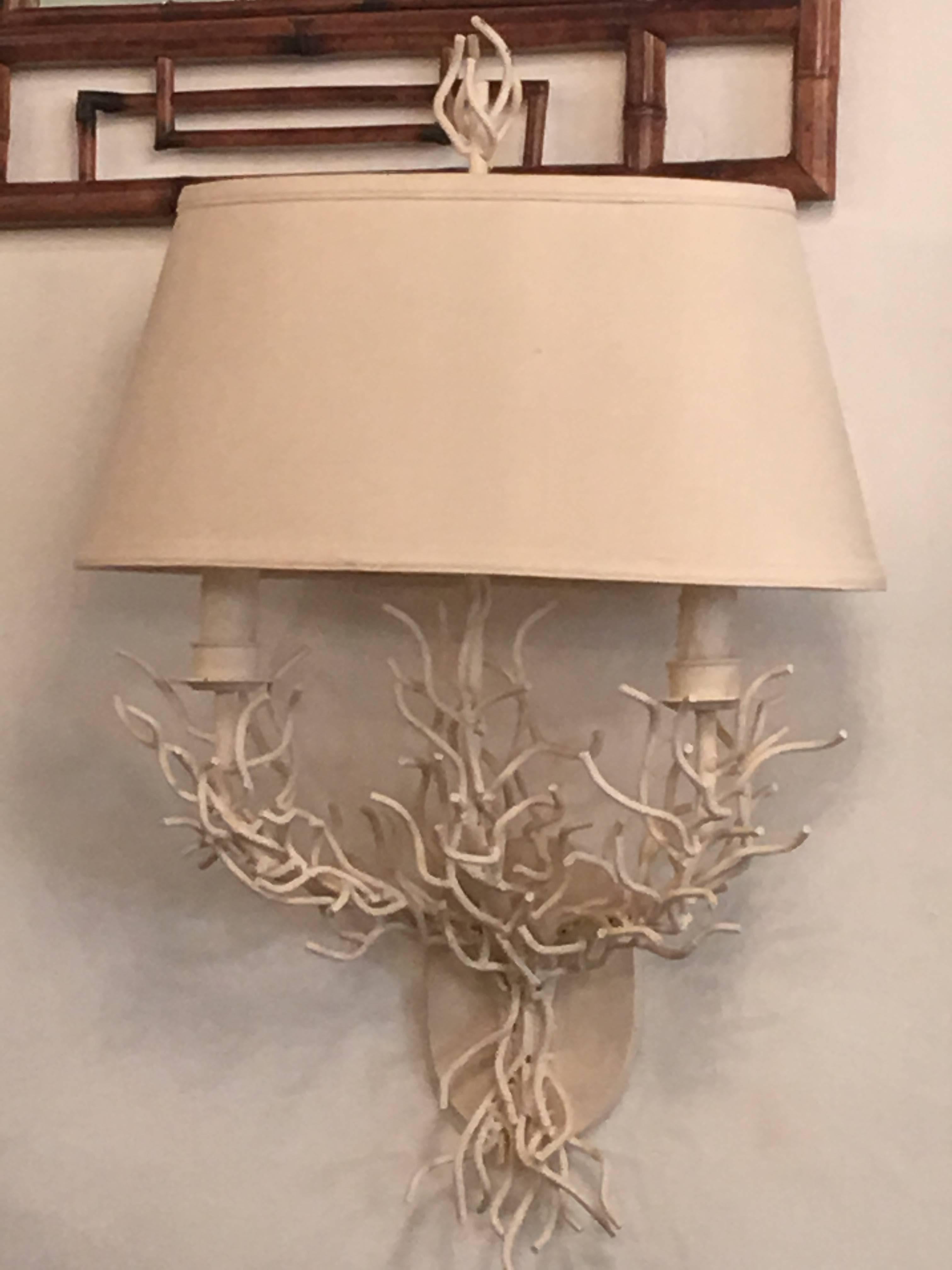 Pair of Metal Coral Wall Light Sconces Palm Beach Oversized In Good Condition In West Palm Beach, FL