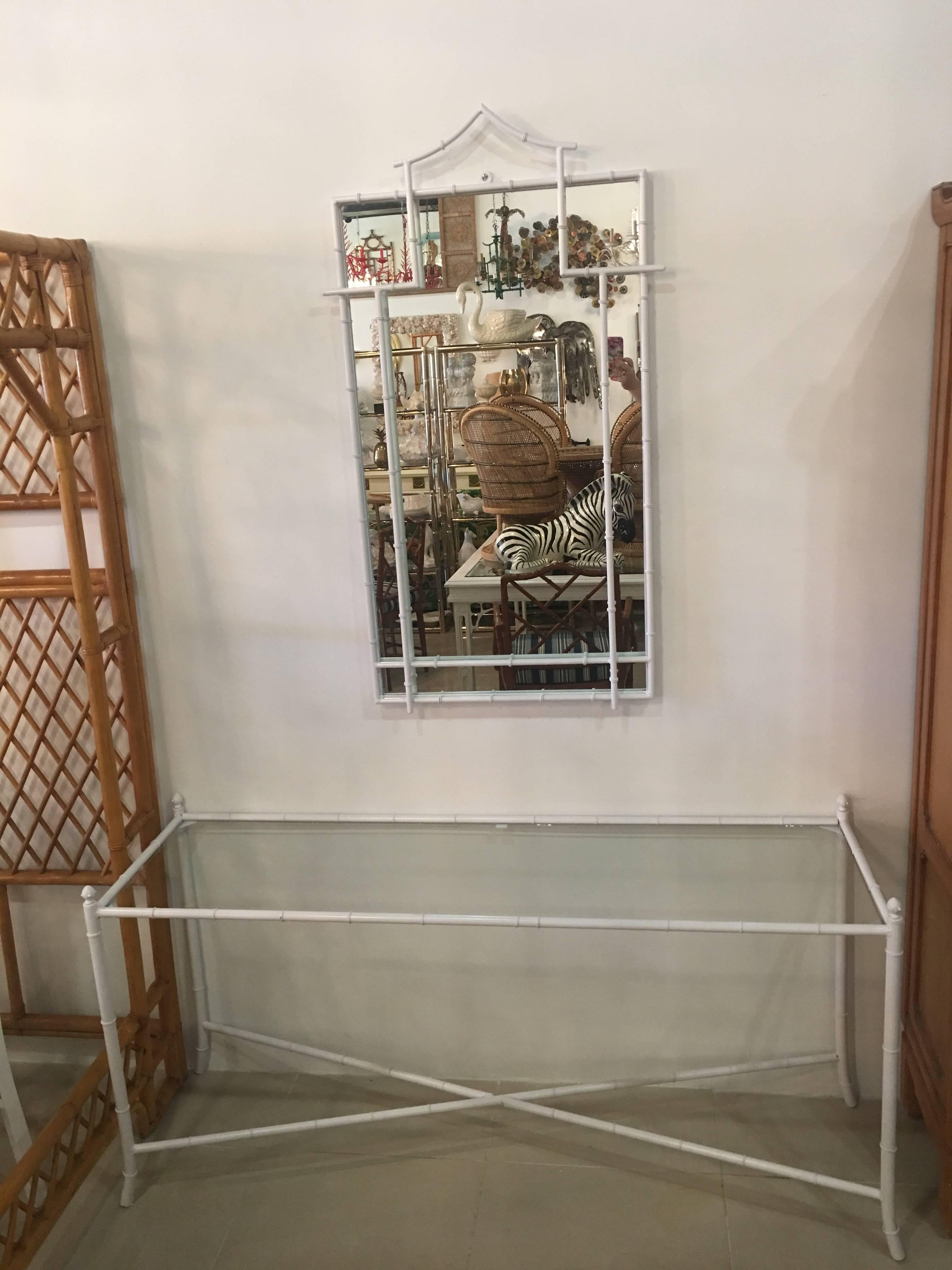 Hollywood Regency Faux Bamboo Metal Console Table and Pagoda Mirror Chinese Chippendale 