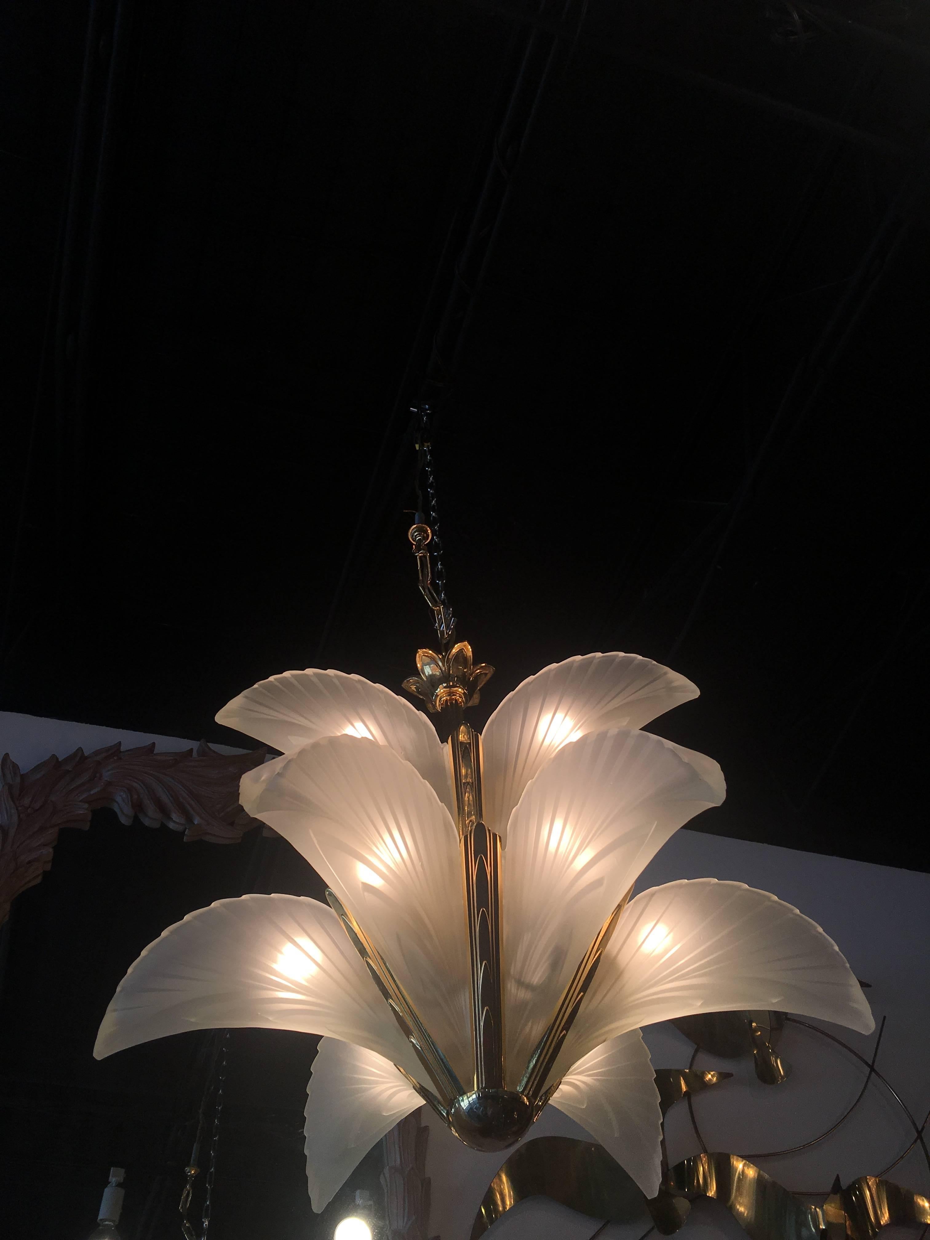Late 20th Century Glass Palm Tree Frond Leaves Leaf Chandelier Brass Murano Italian
