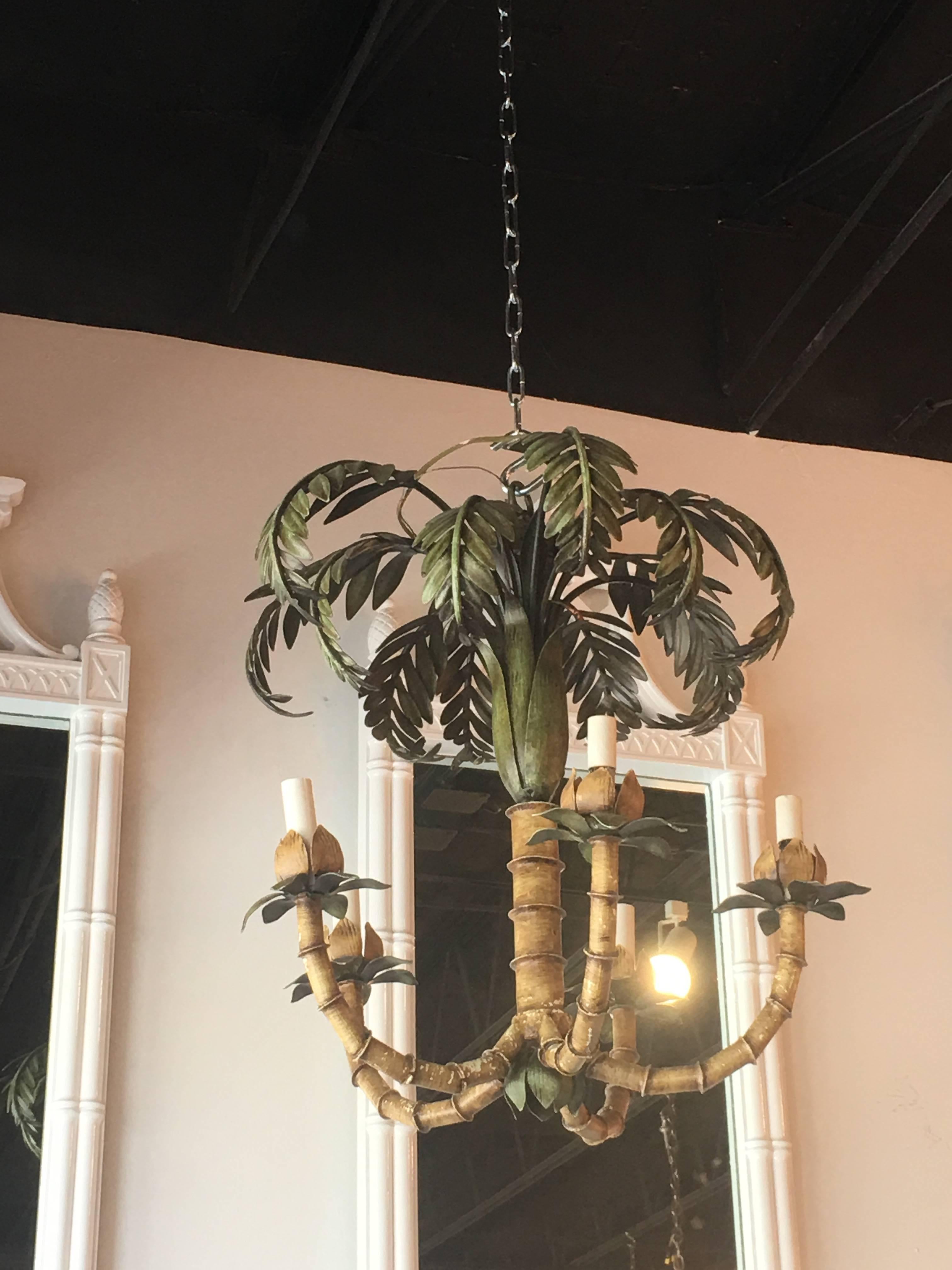 Hollywood Regency Vintage Palm Tree Frond Leaf Leaves Chandelier Metal Tole Palm Beach